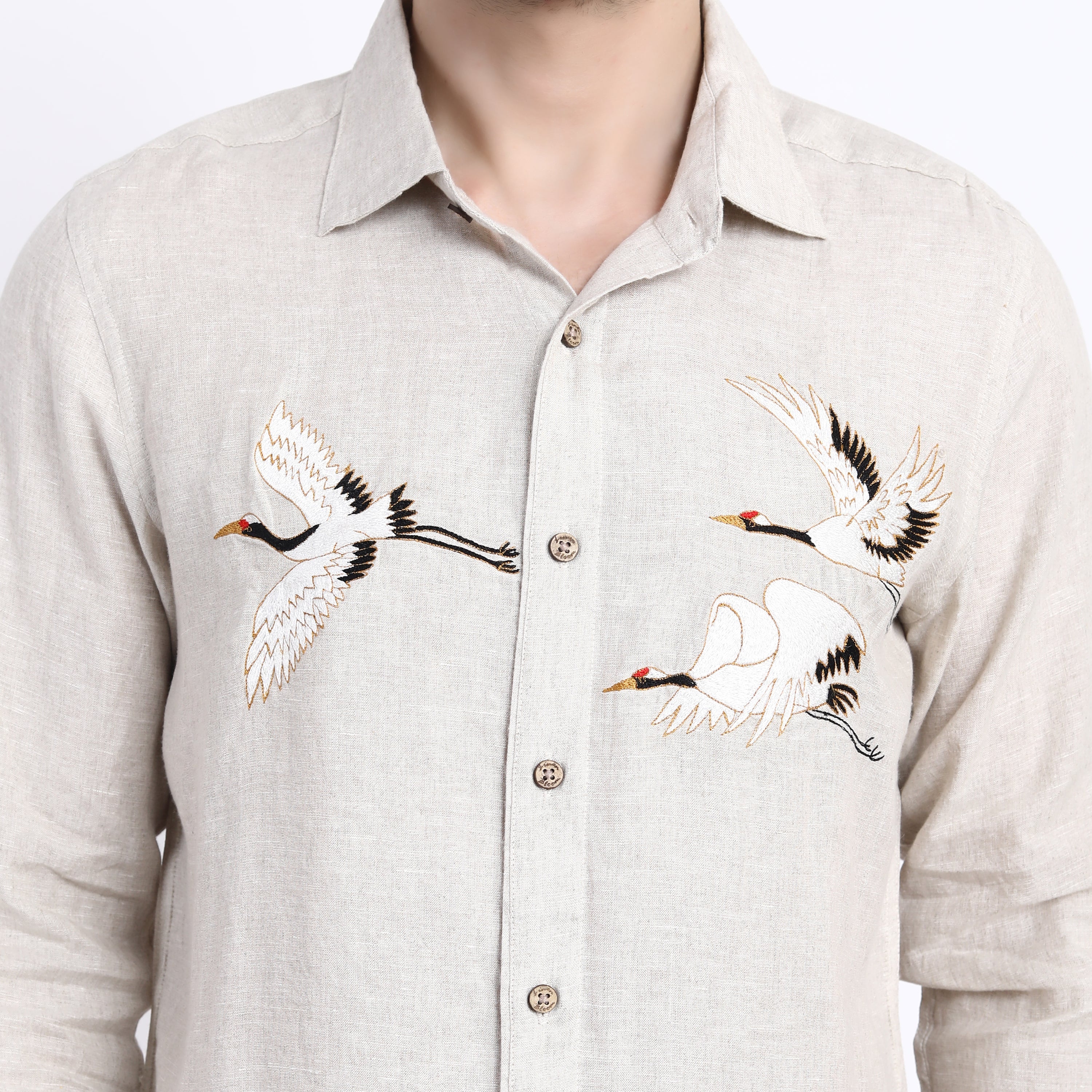 Beige Flying Crane Embroidered Shirt