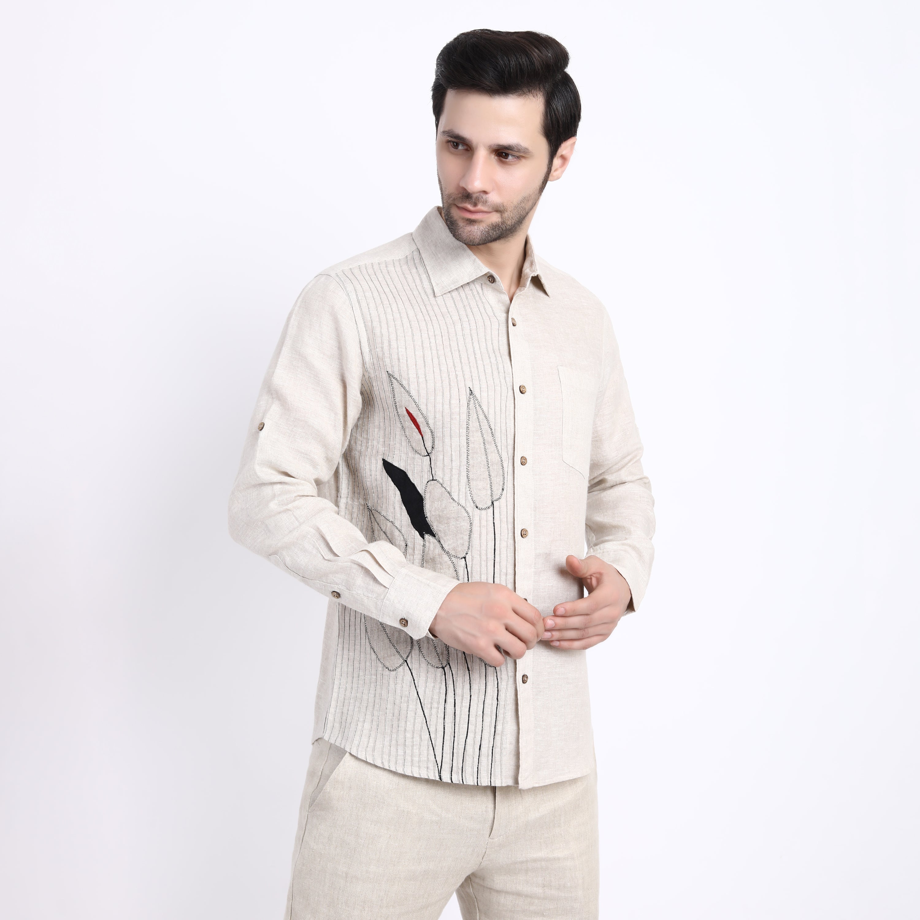 Beige Pleated Linen Shirt with Leaf Embroidery