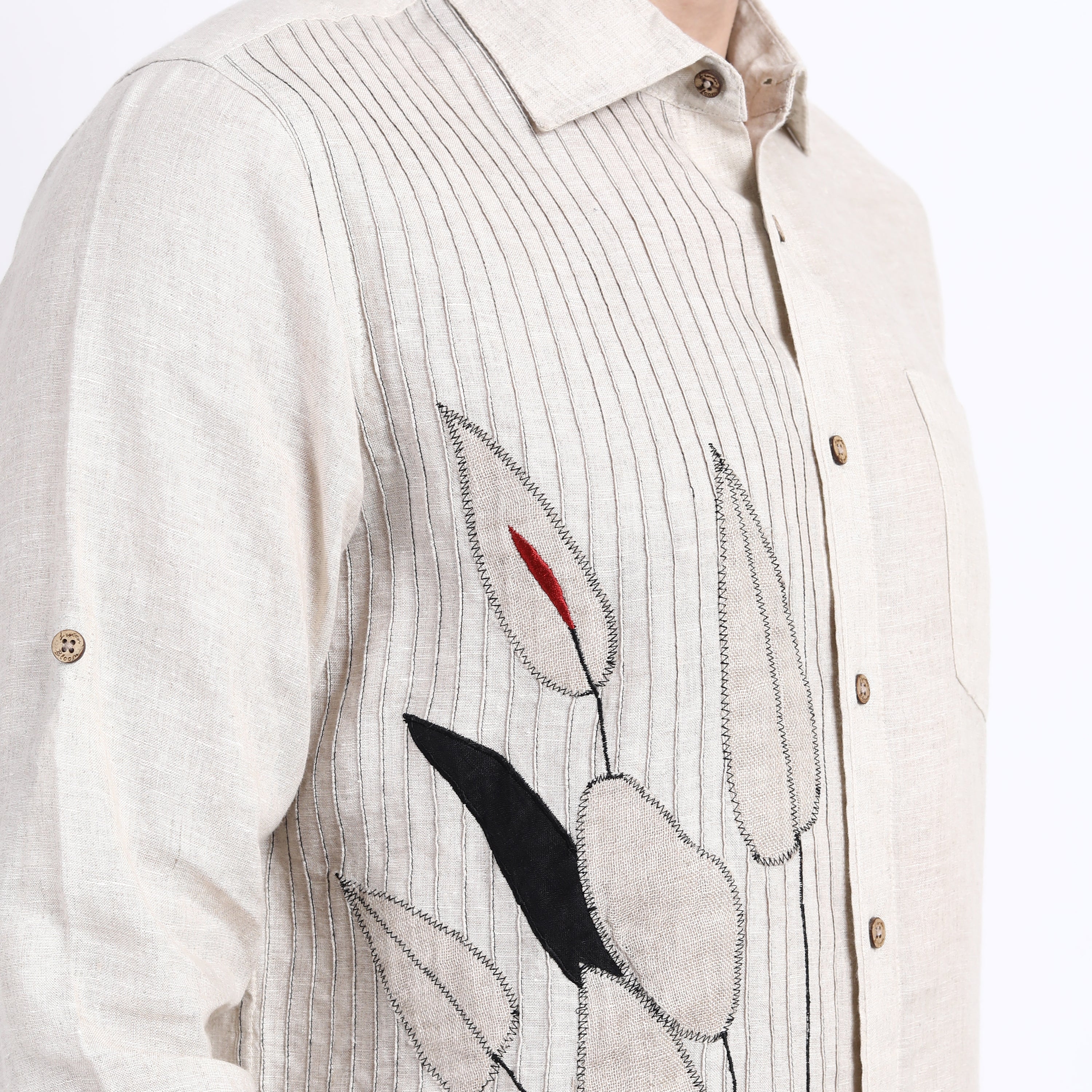 Beige Pleated Linen Shirt with Leaf Embroidery