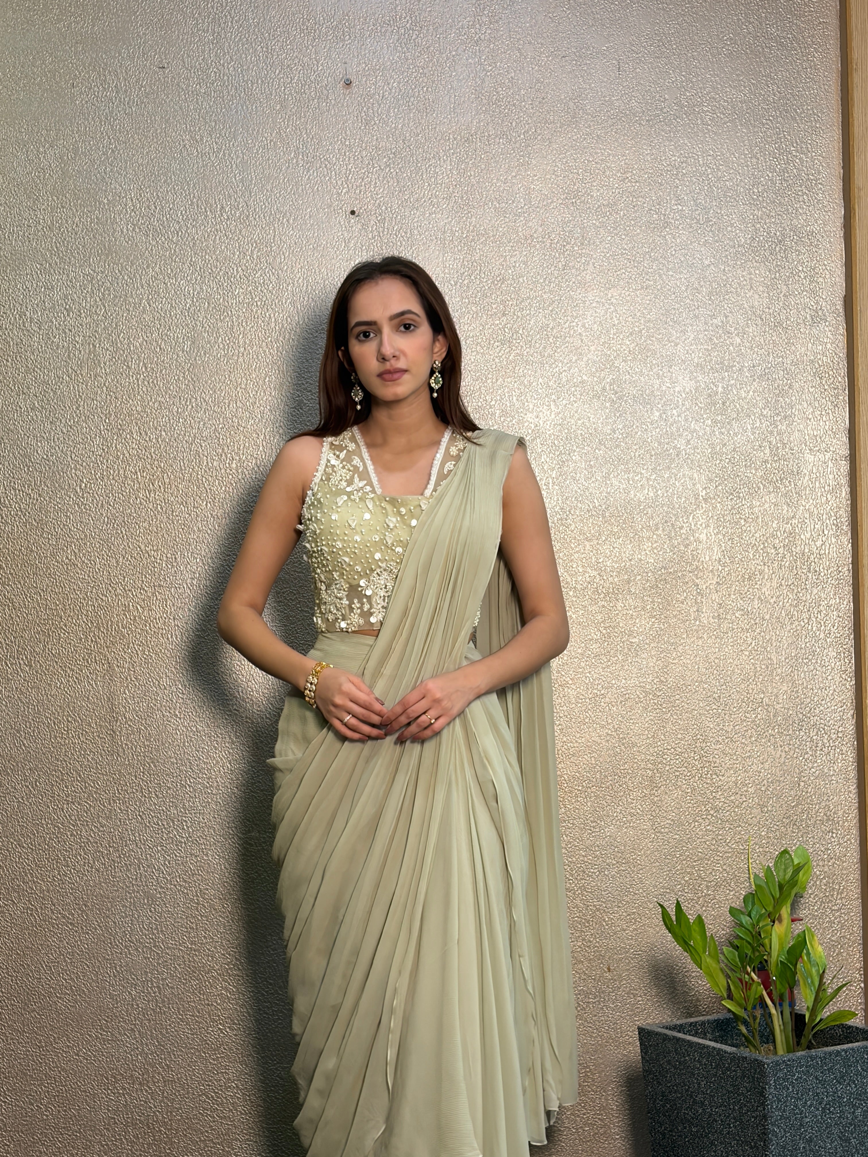 Sage Draped Saree Set
