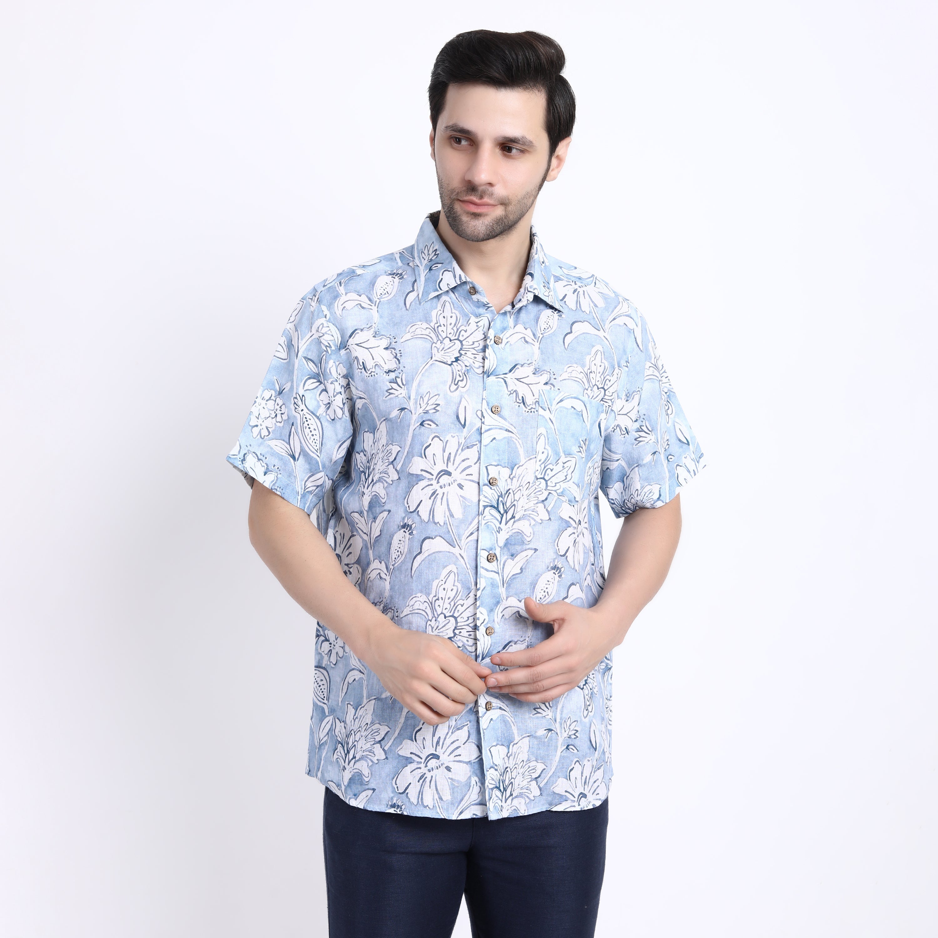 Blue Flower Print Linen Half Sleeve Shirt