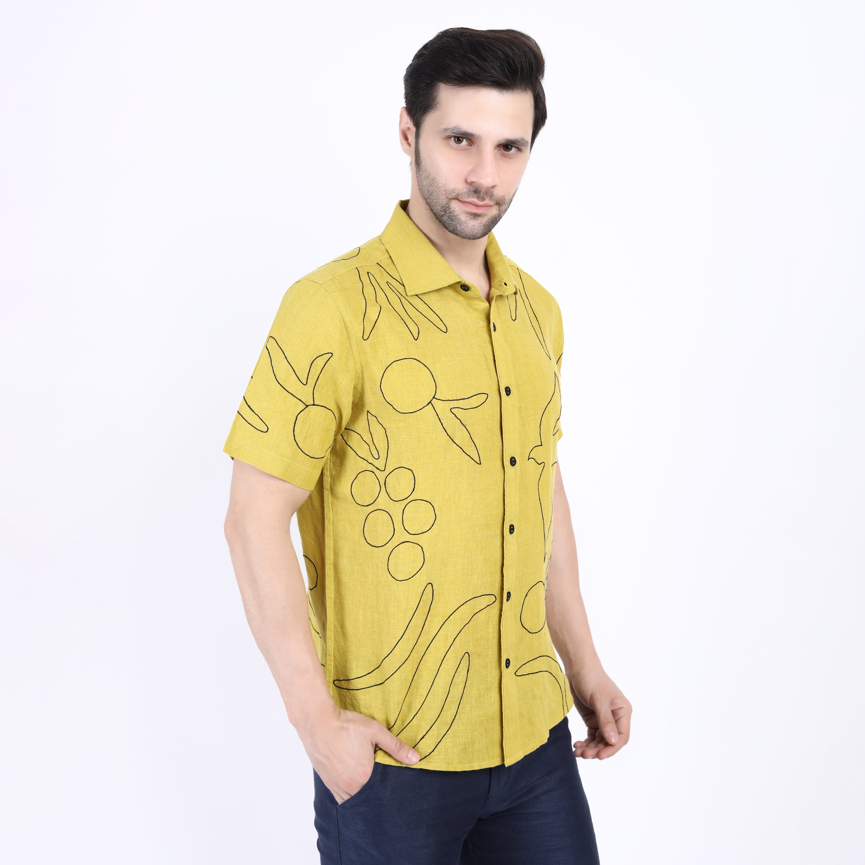 Lime Outline Embroidered Linen Half Sleeve Shirt