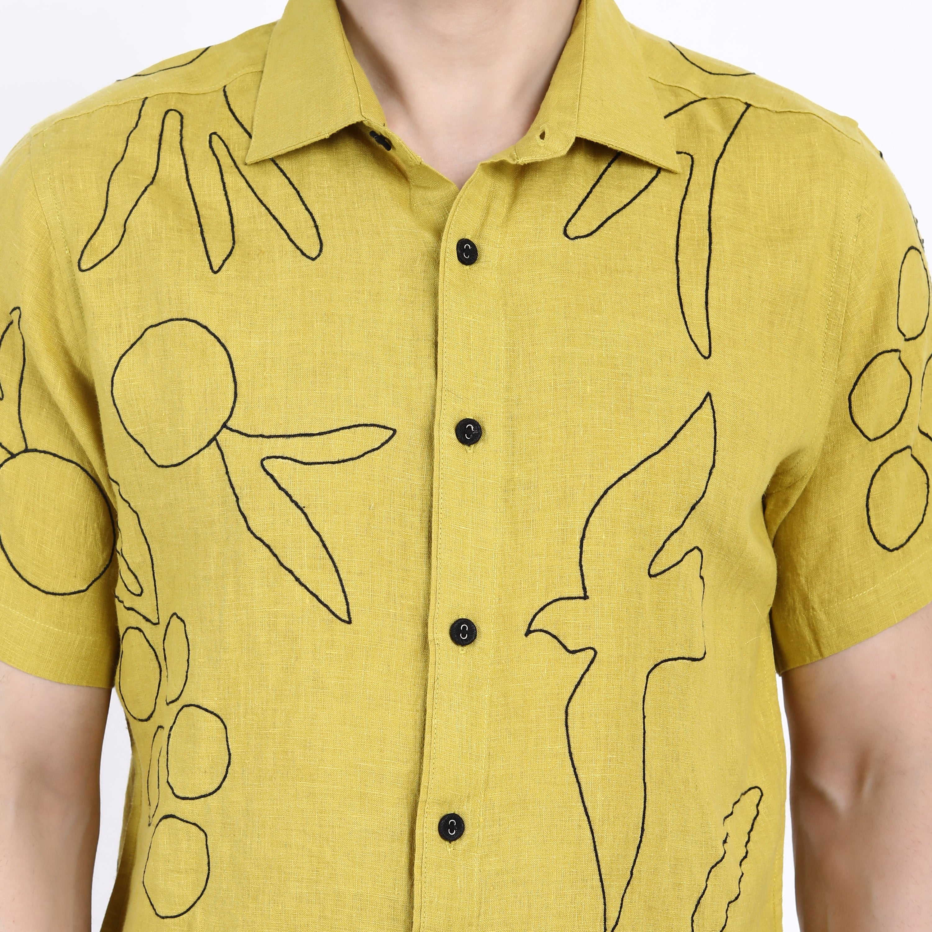 Lime Outline Embroidered Linen Half Sleeve Shirt