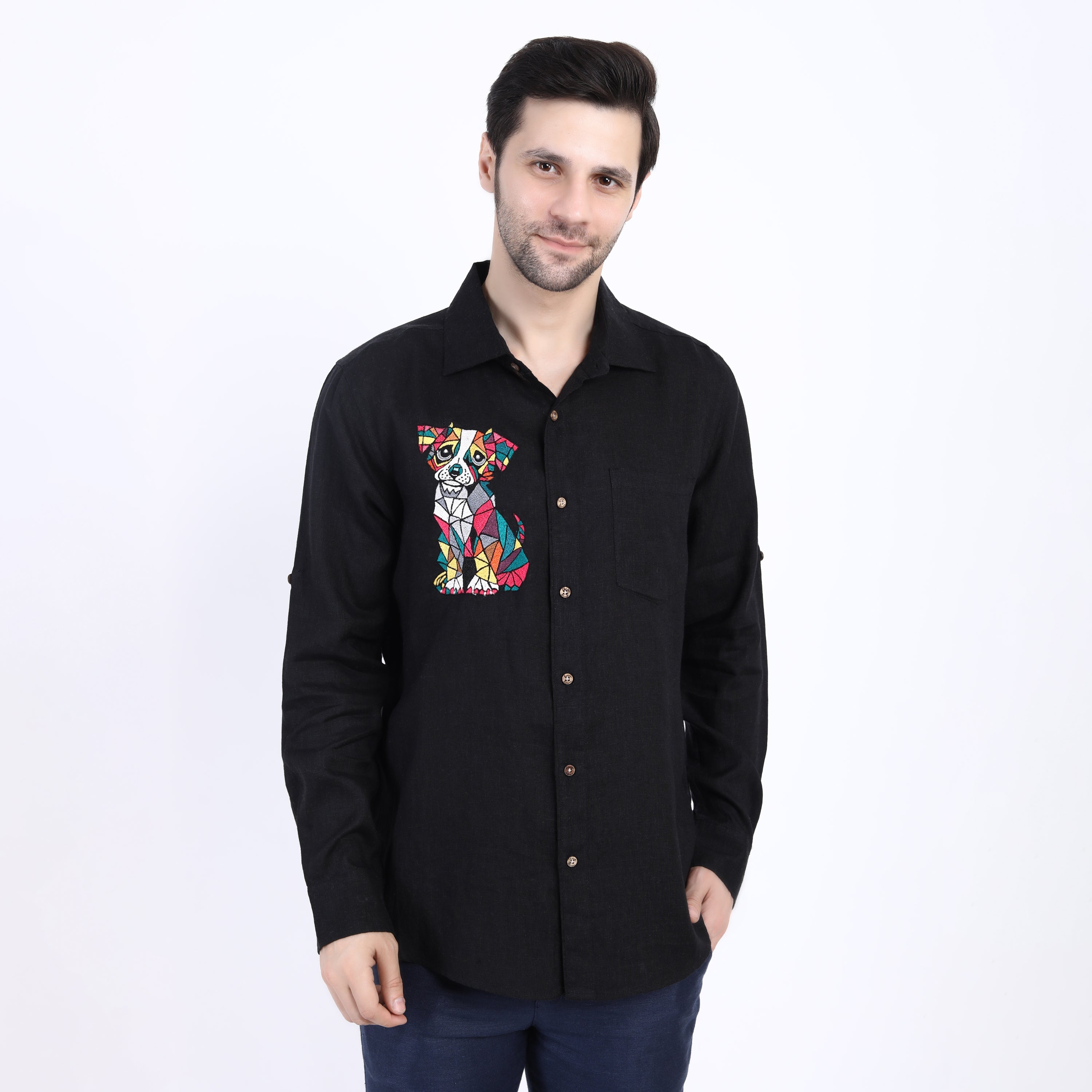 Black Travel Teddy Embroidered Linen Shirt