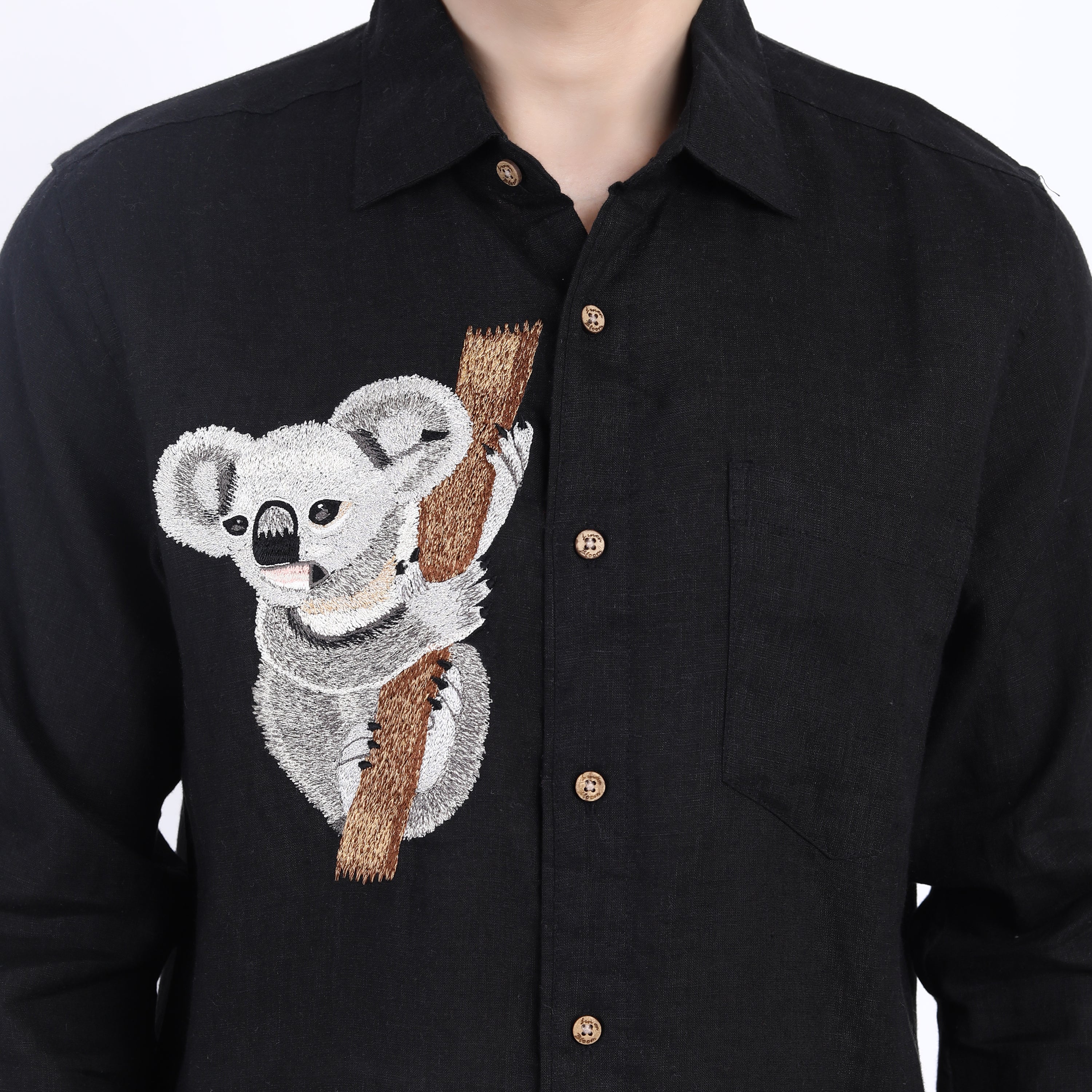 Black Koala Bear Embroidered Linen Shirt