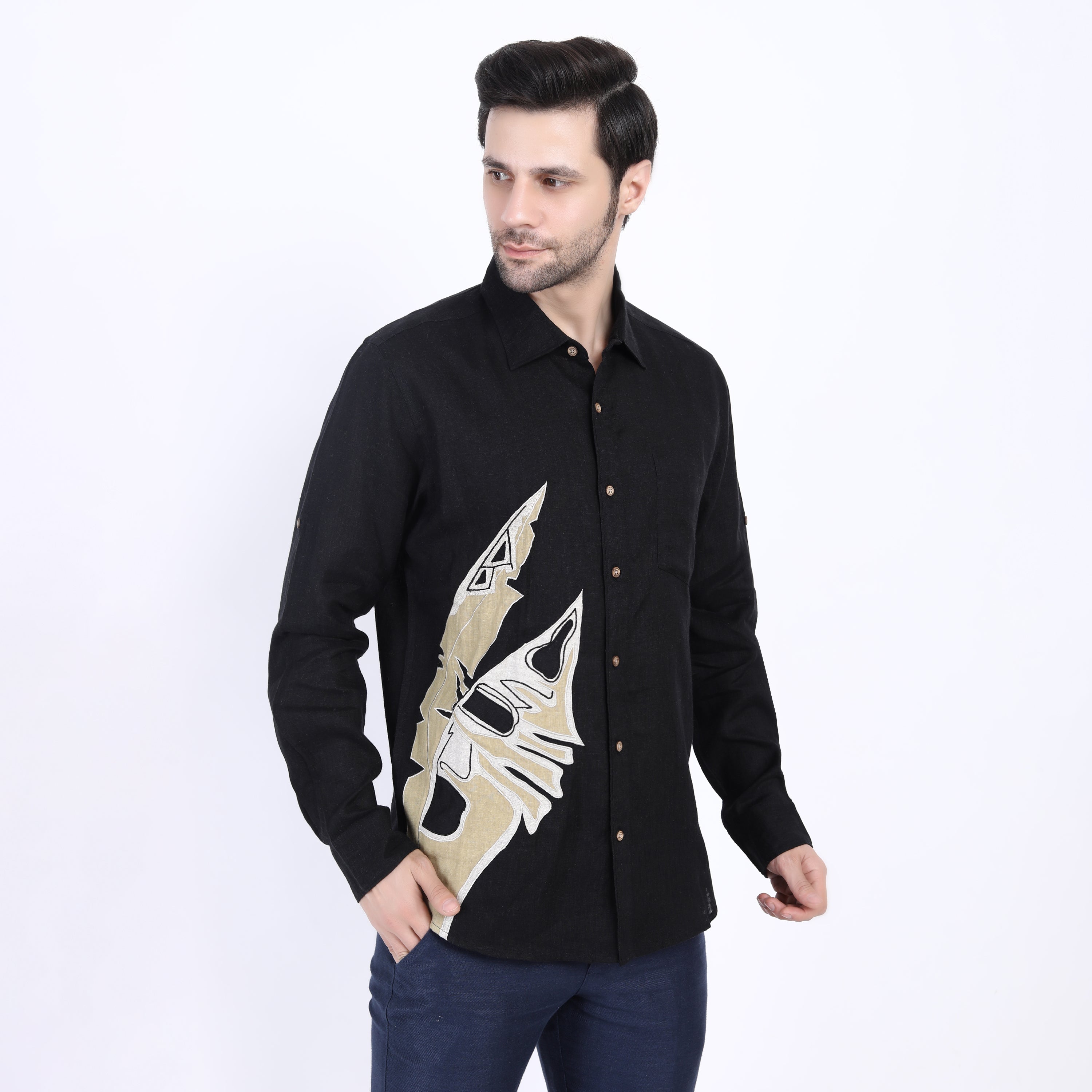 Black Palm Leaf Embroidered Linen Shirt