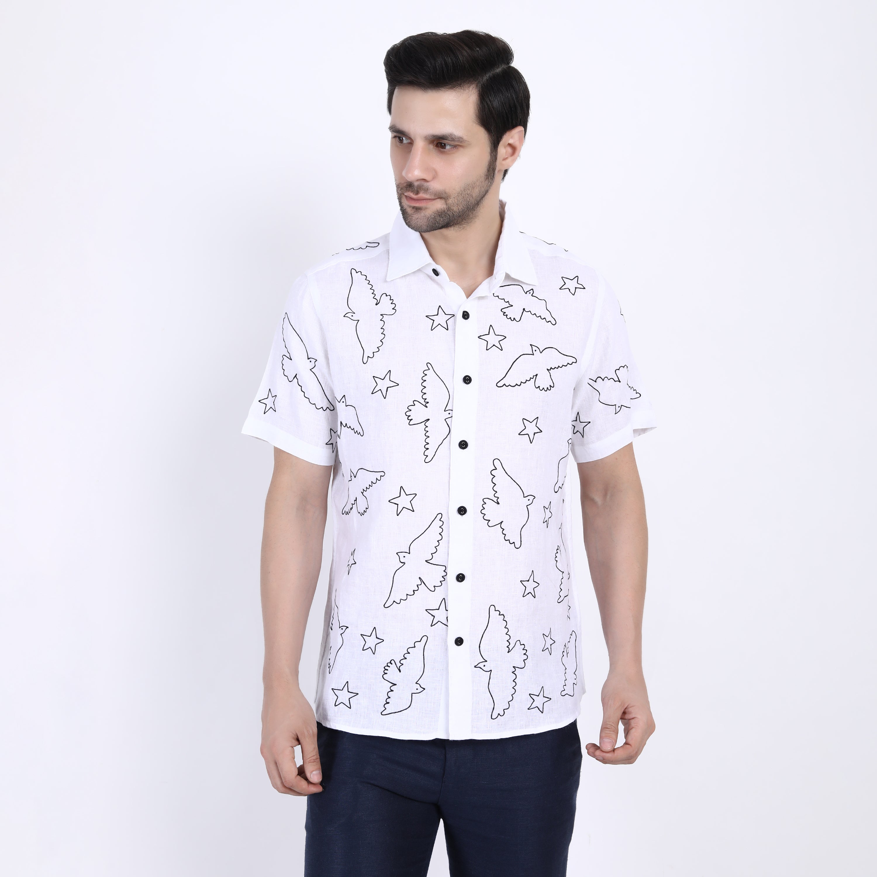 White Bird Outline Embroidered Linen Half Sleeve Shirt