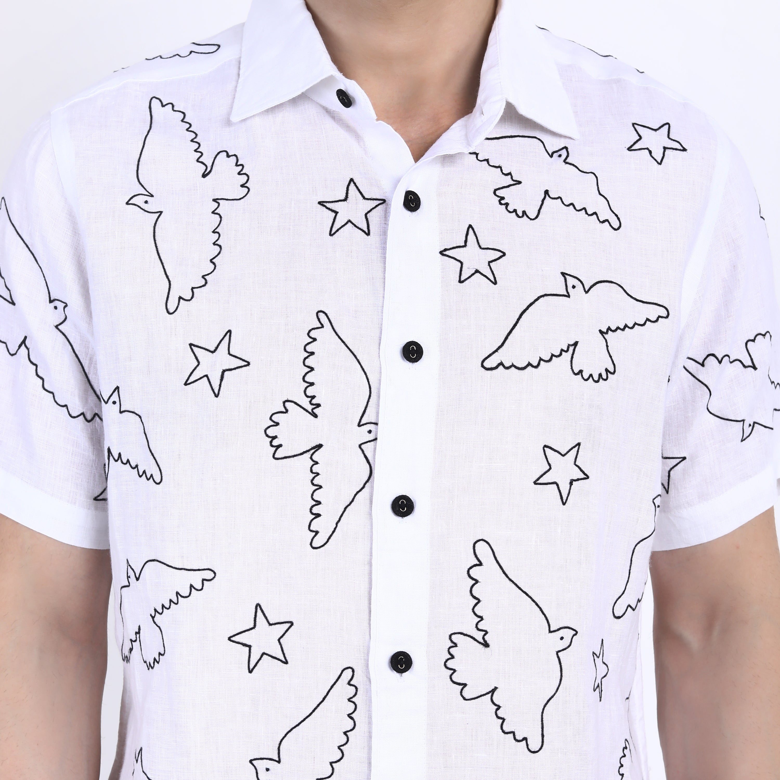 White Bird Outline Embroidered Linen Half Sleeve Shirt