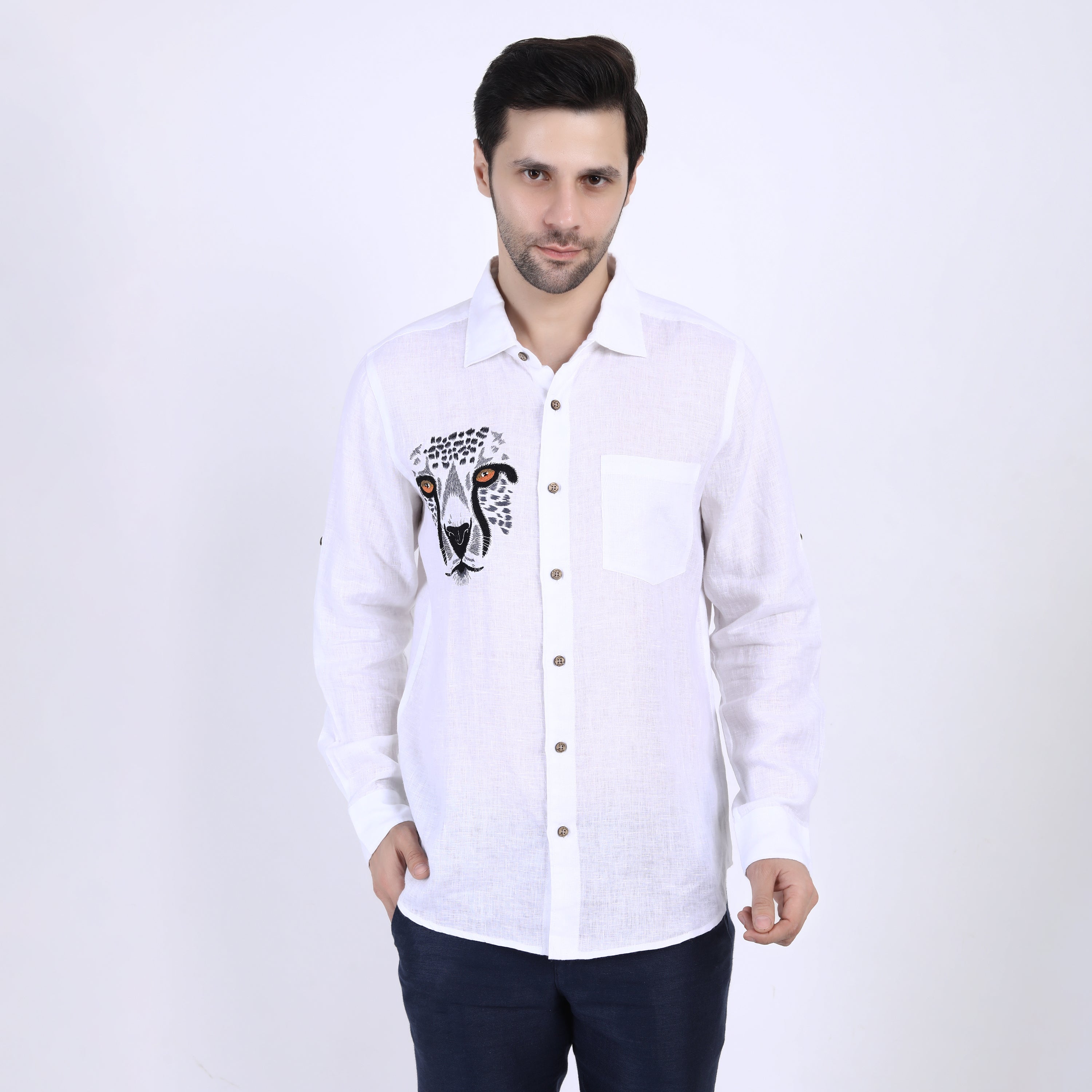 White Tiger Embroidered Linen Shirt