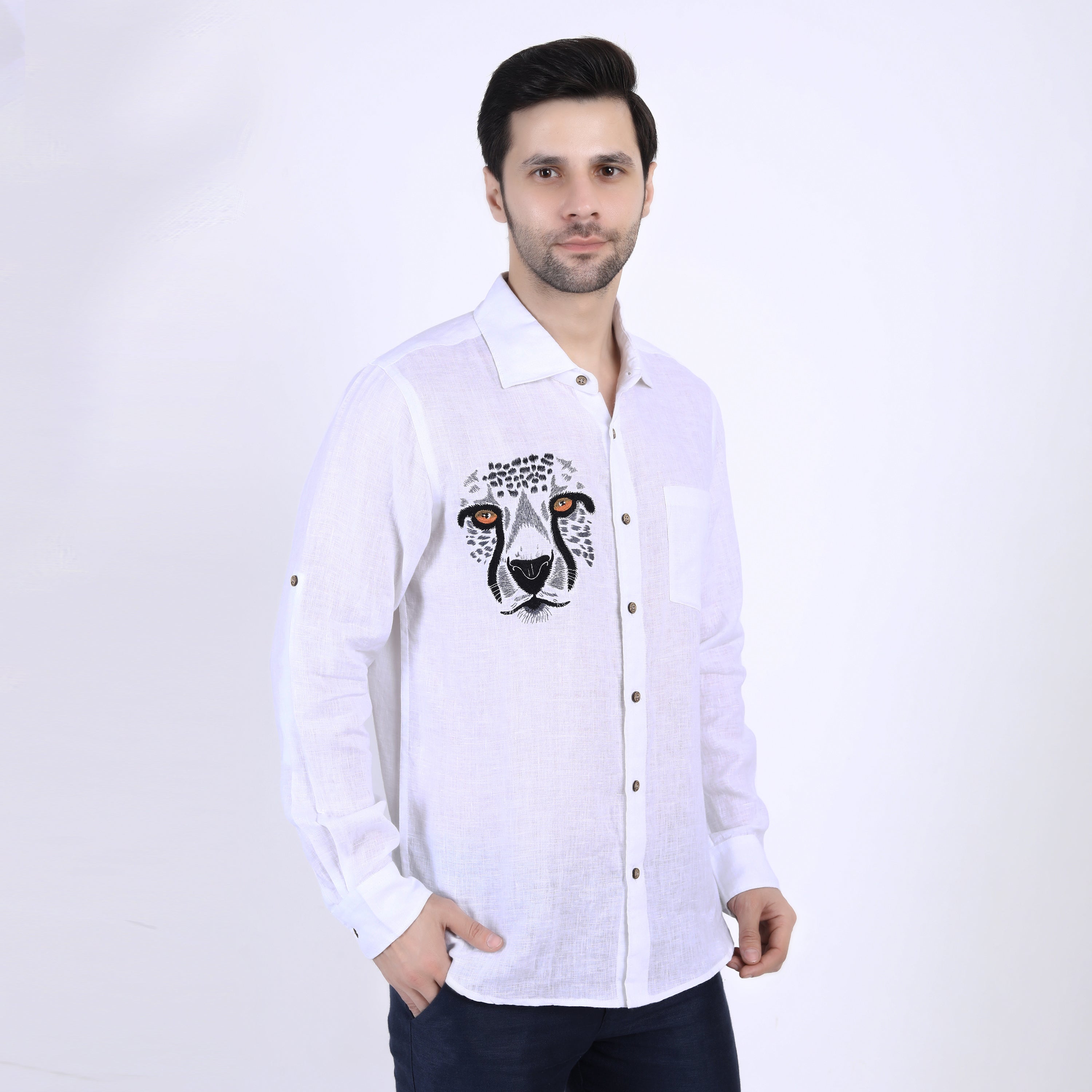 White Tiger Embroidered Linen Shirt