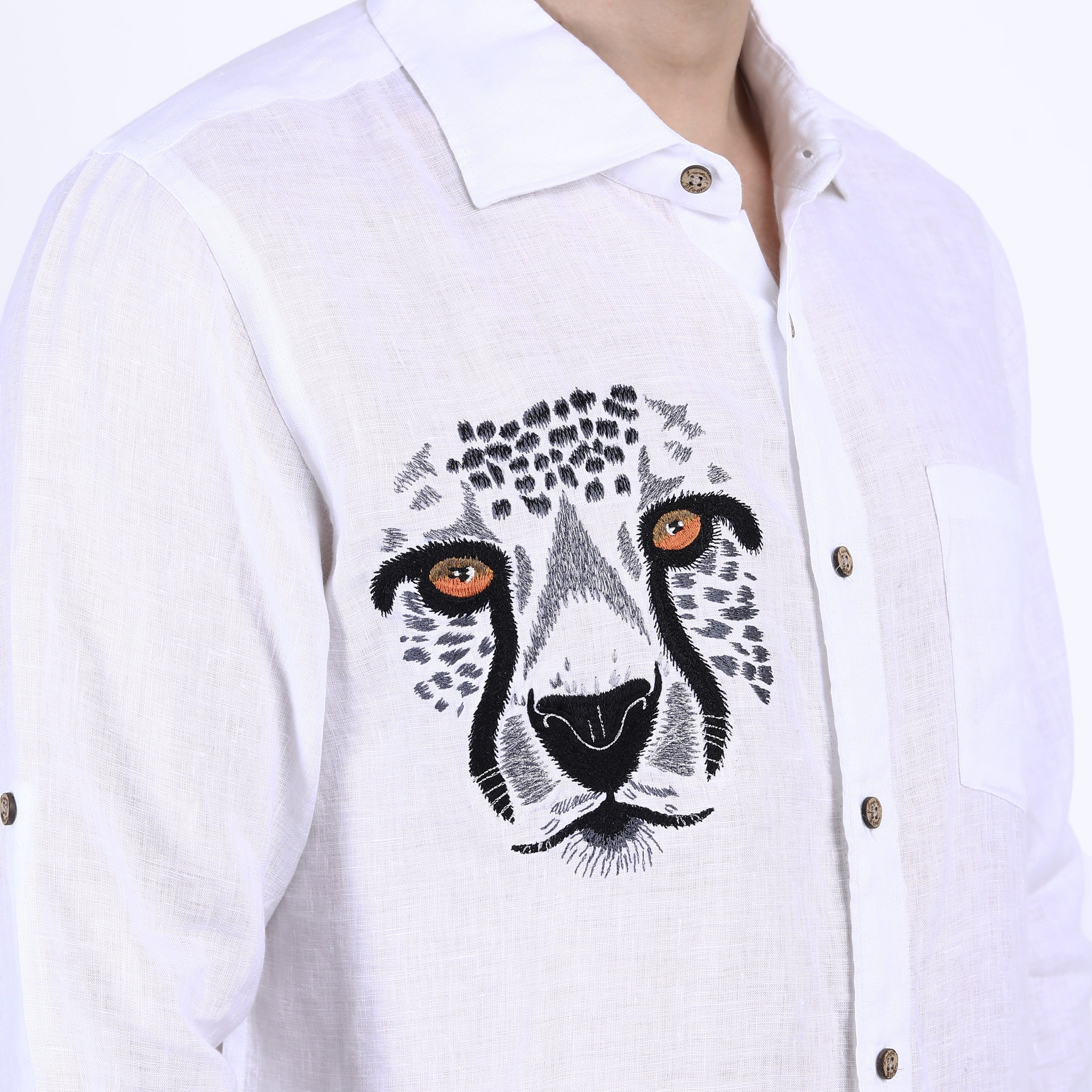 White Tiger Embroidered Linen Shirt