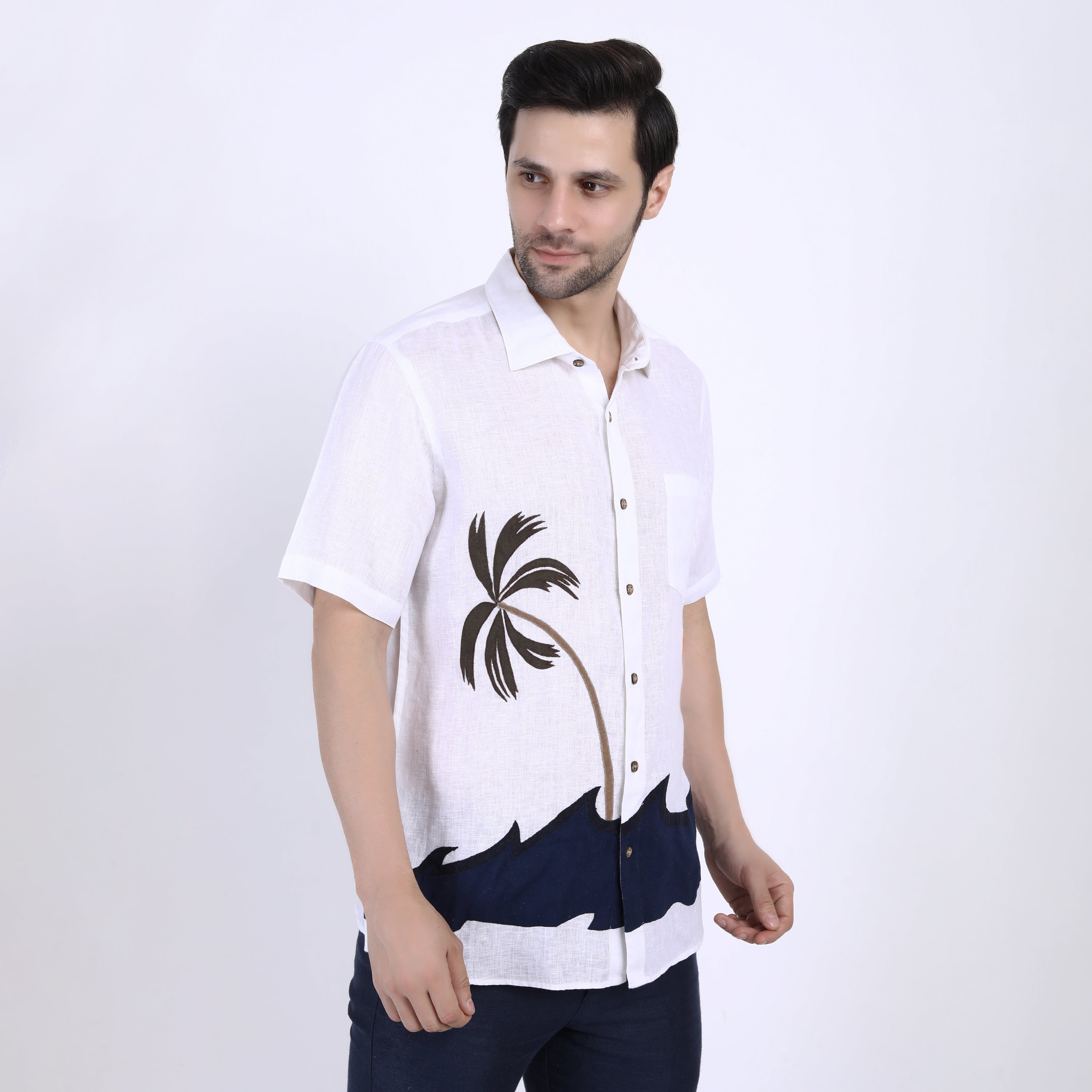 Beach Embroidered Linen Half Sleeve Shirt