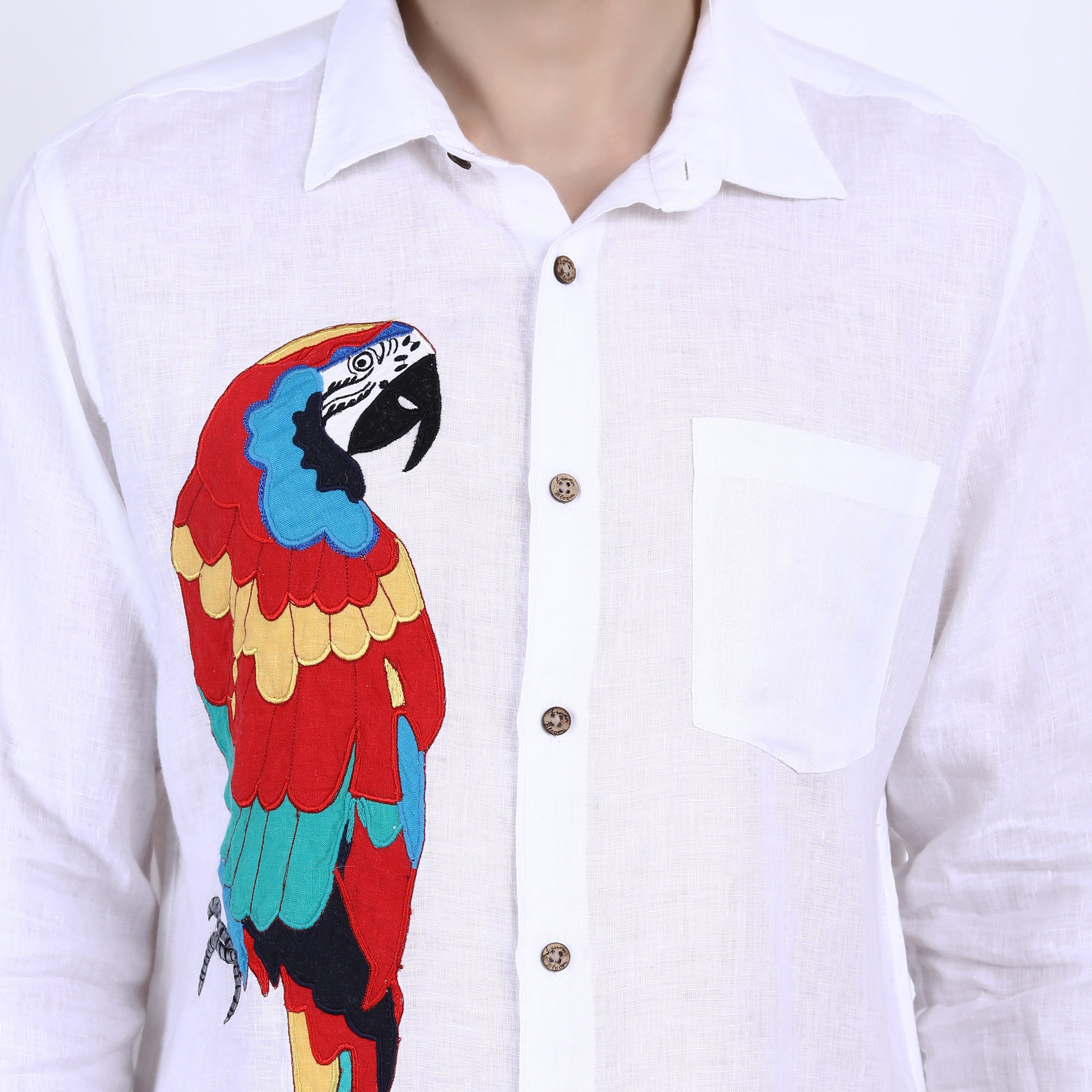 Red Macaw Embroidered Linen Shirt