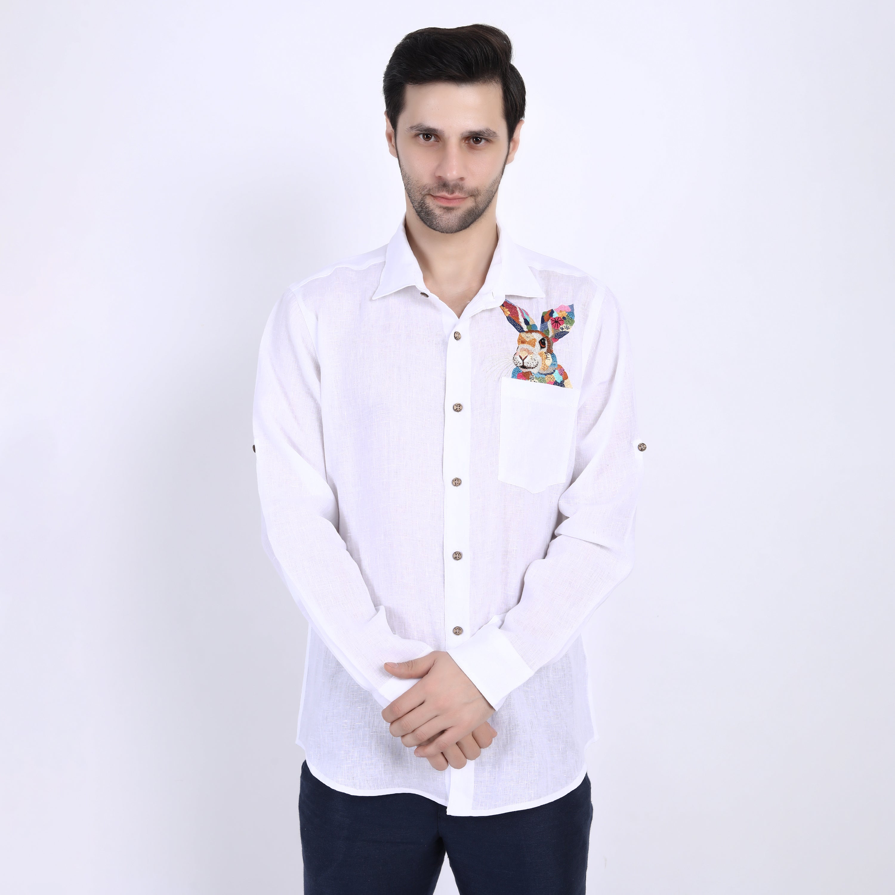 White Bunny Embroidered Linen Shirt