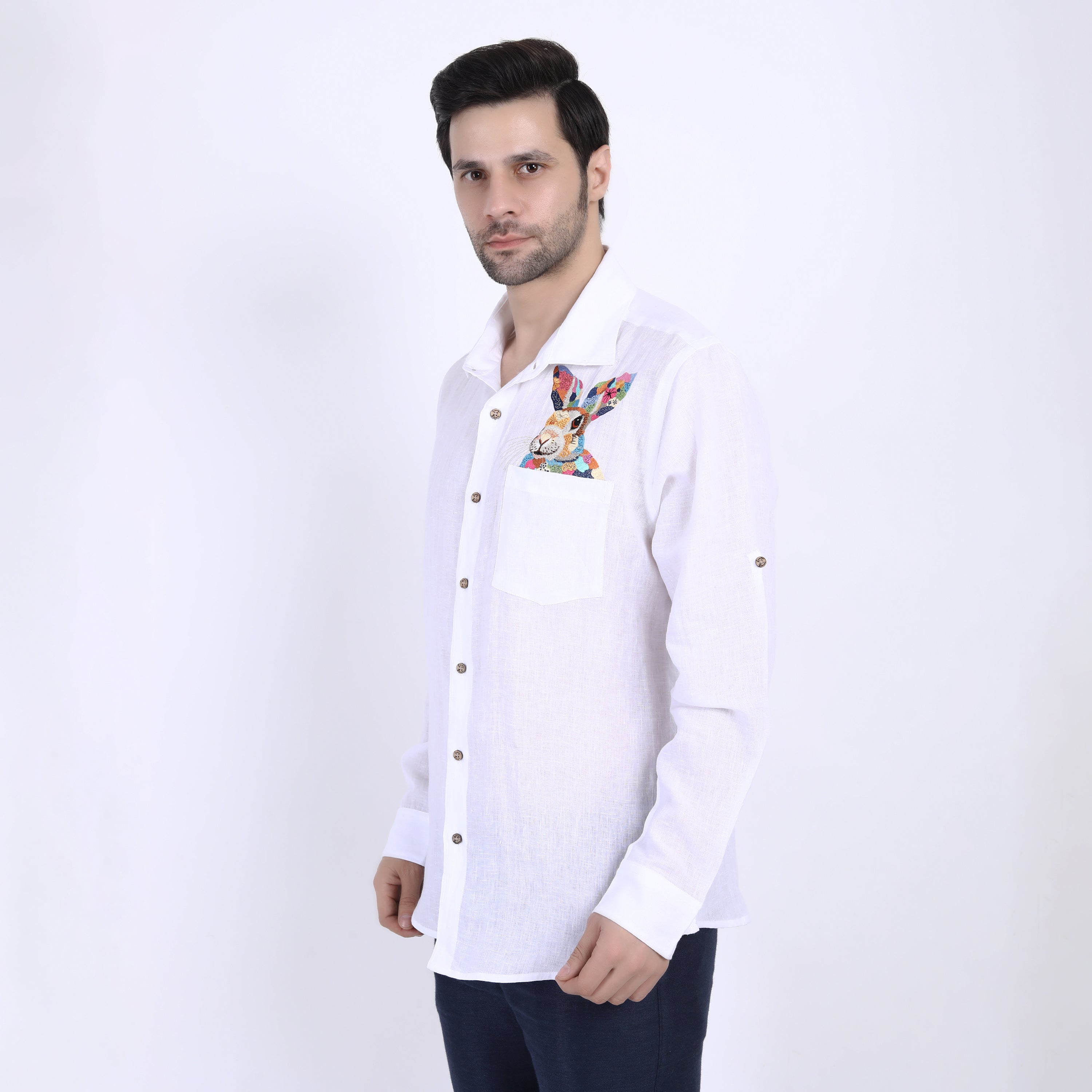White Bunny Embroidered Linen Shirt