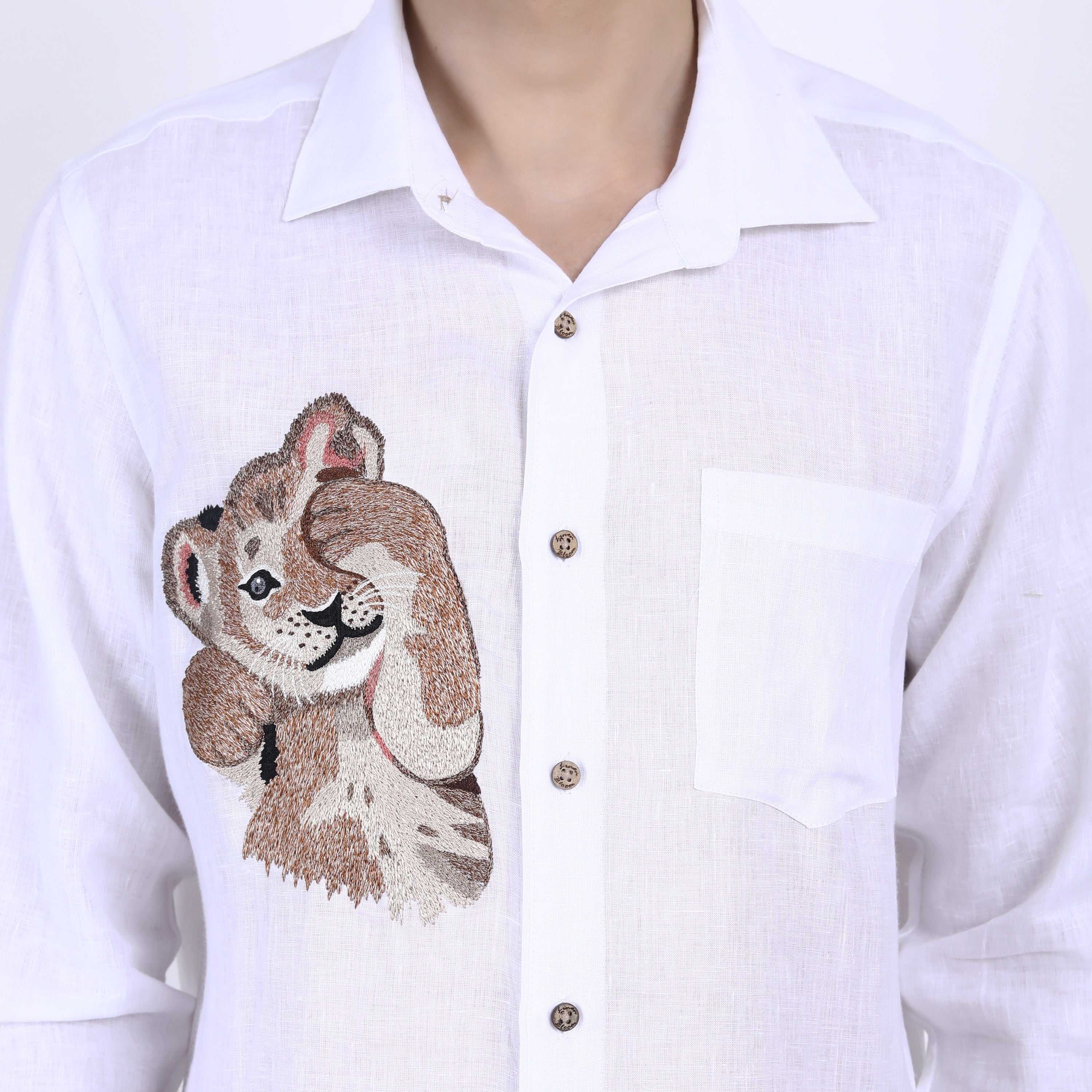 White Simba Embroidered Linen Shirt