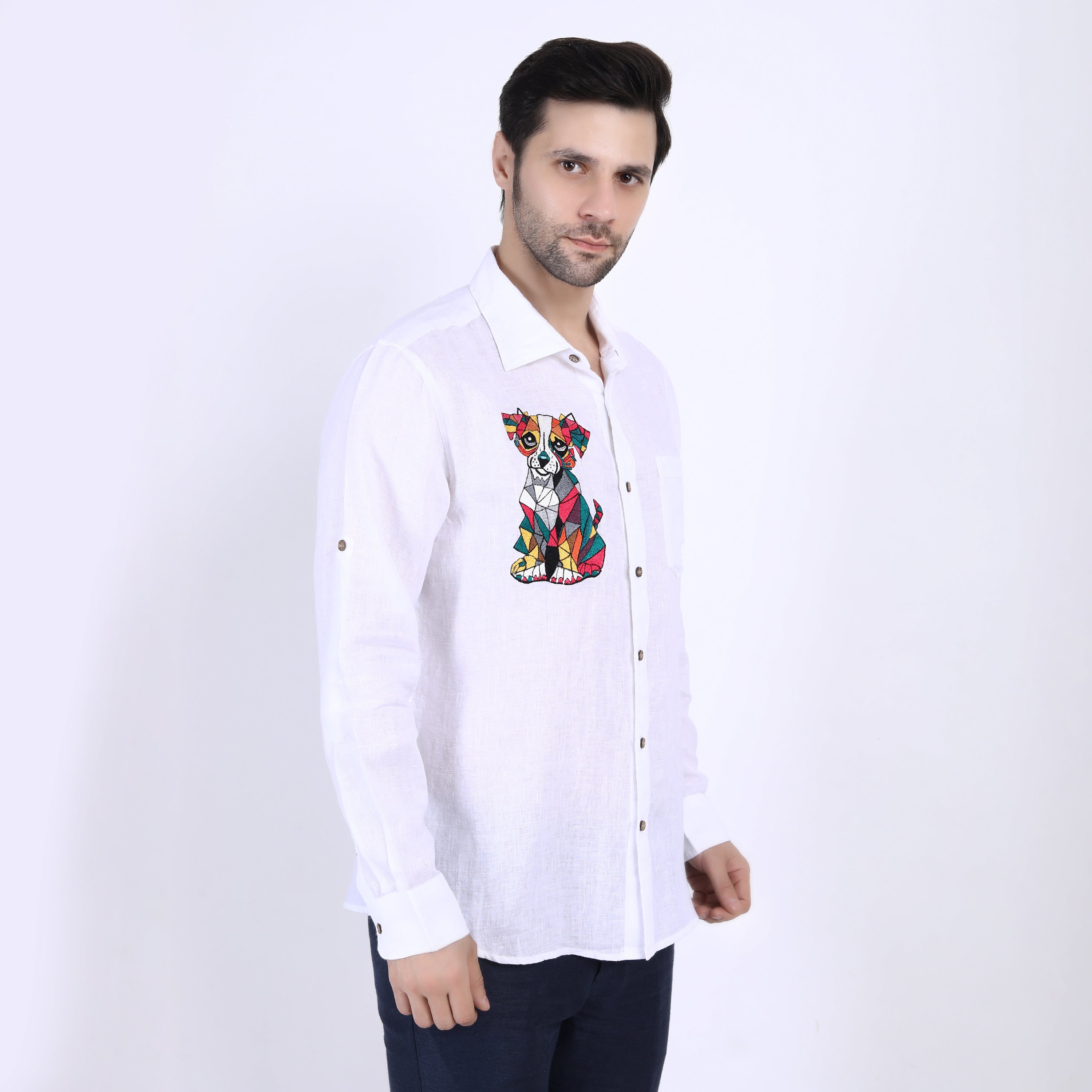 White Cubic Dog Embroidered Linen Shirt