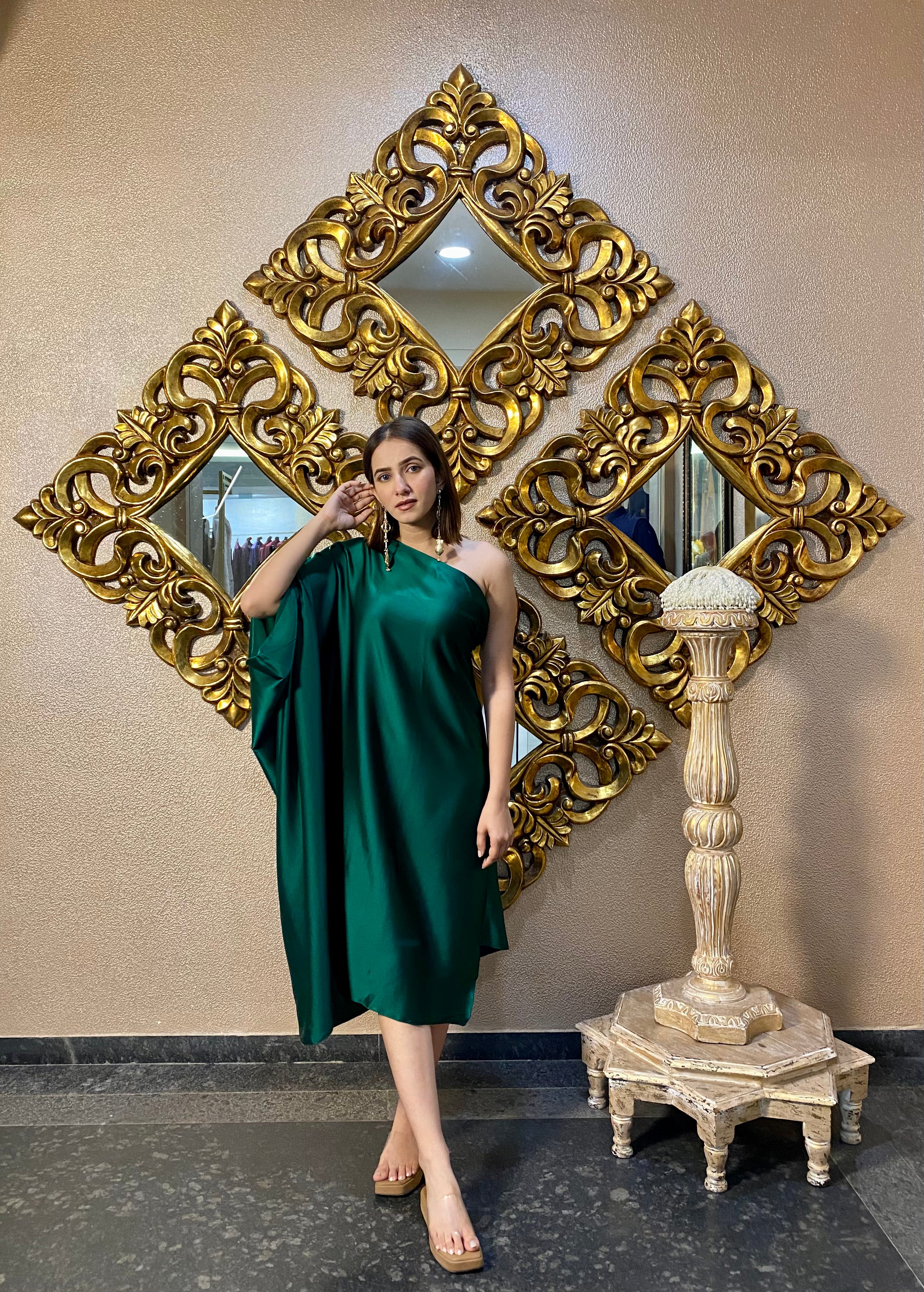 Green Silk Peleted One Sholder Dress