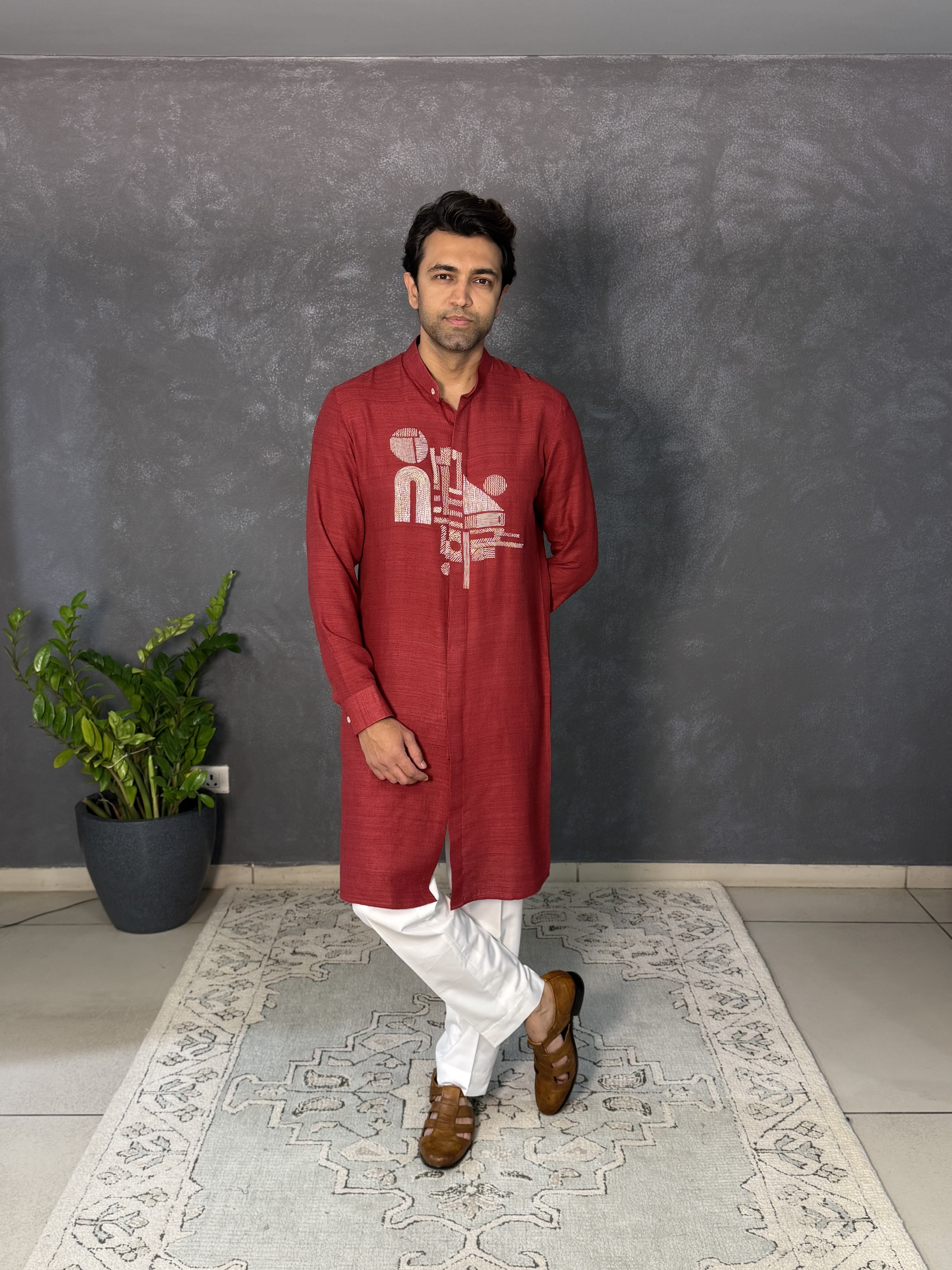 Earthy Red Matka Silk Embroidered Kurta Set