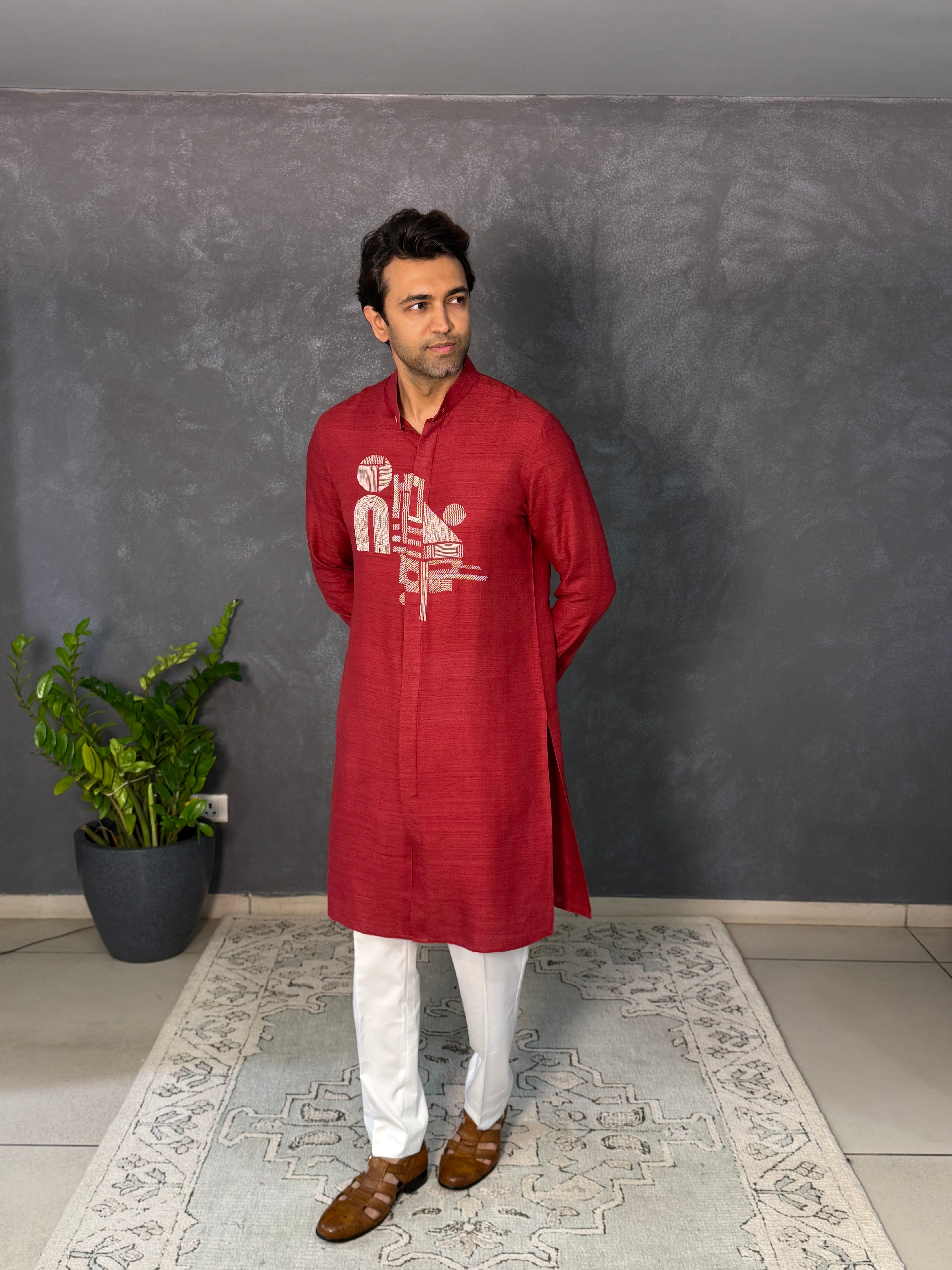 Earthy Red Matka Silk Embroidered Kurta Set
