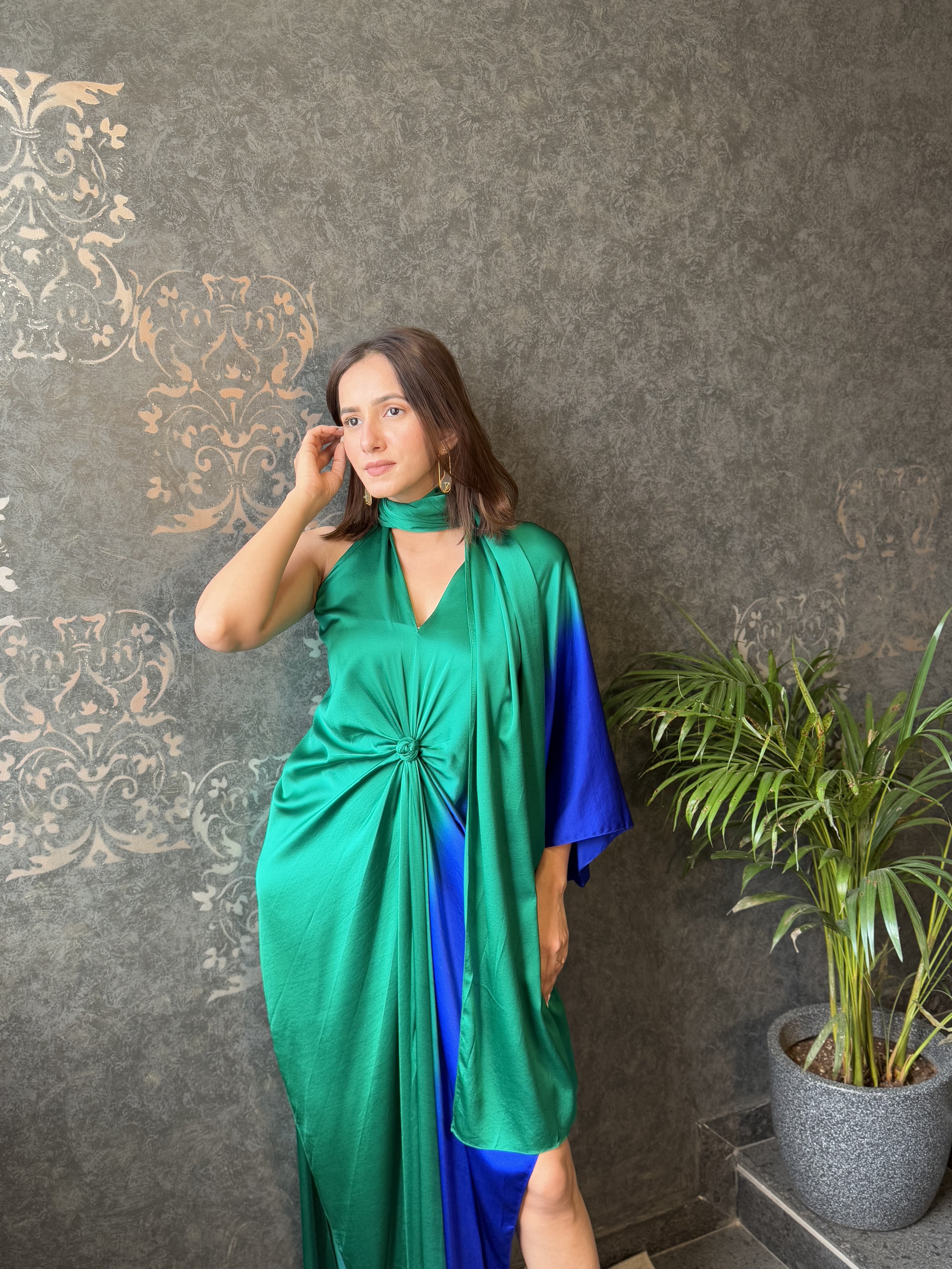 Green Ombre Silk Lycra Satin Front Knotted Dress