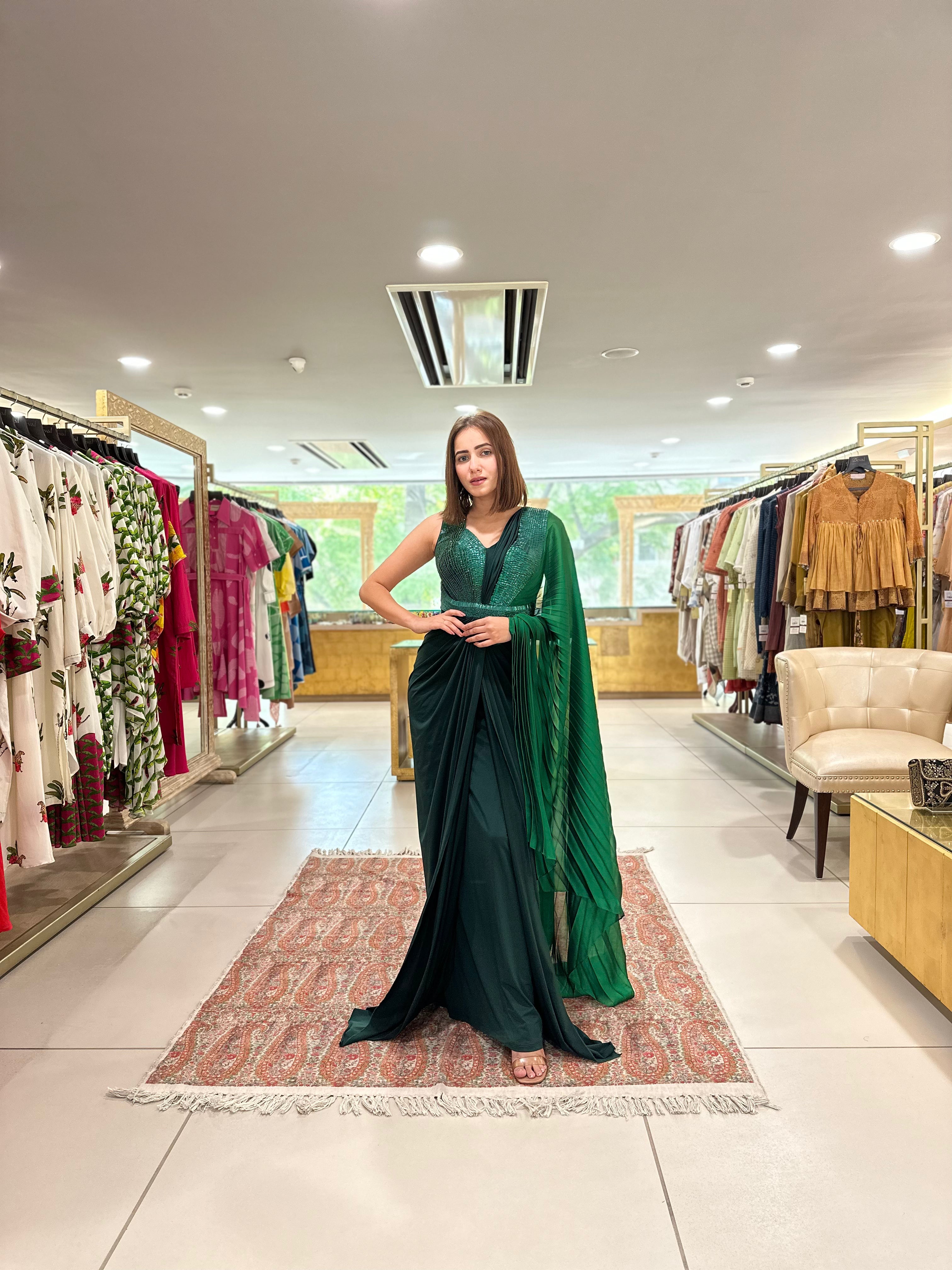Emerald Ombre Jersey Gown Saree