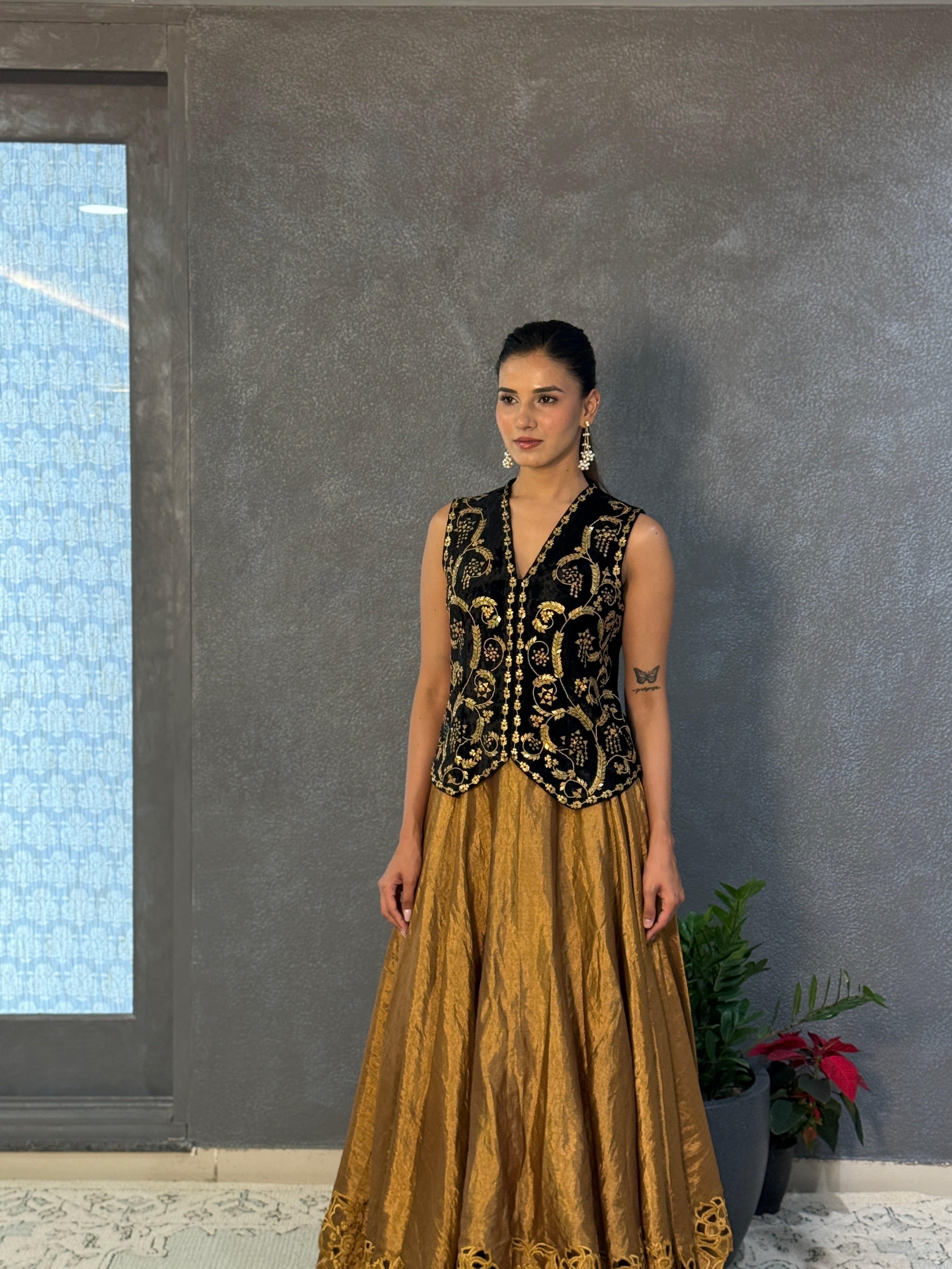 GOLD CUTWORK LAYERED LEHENGA