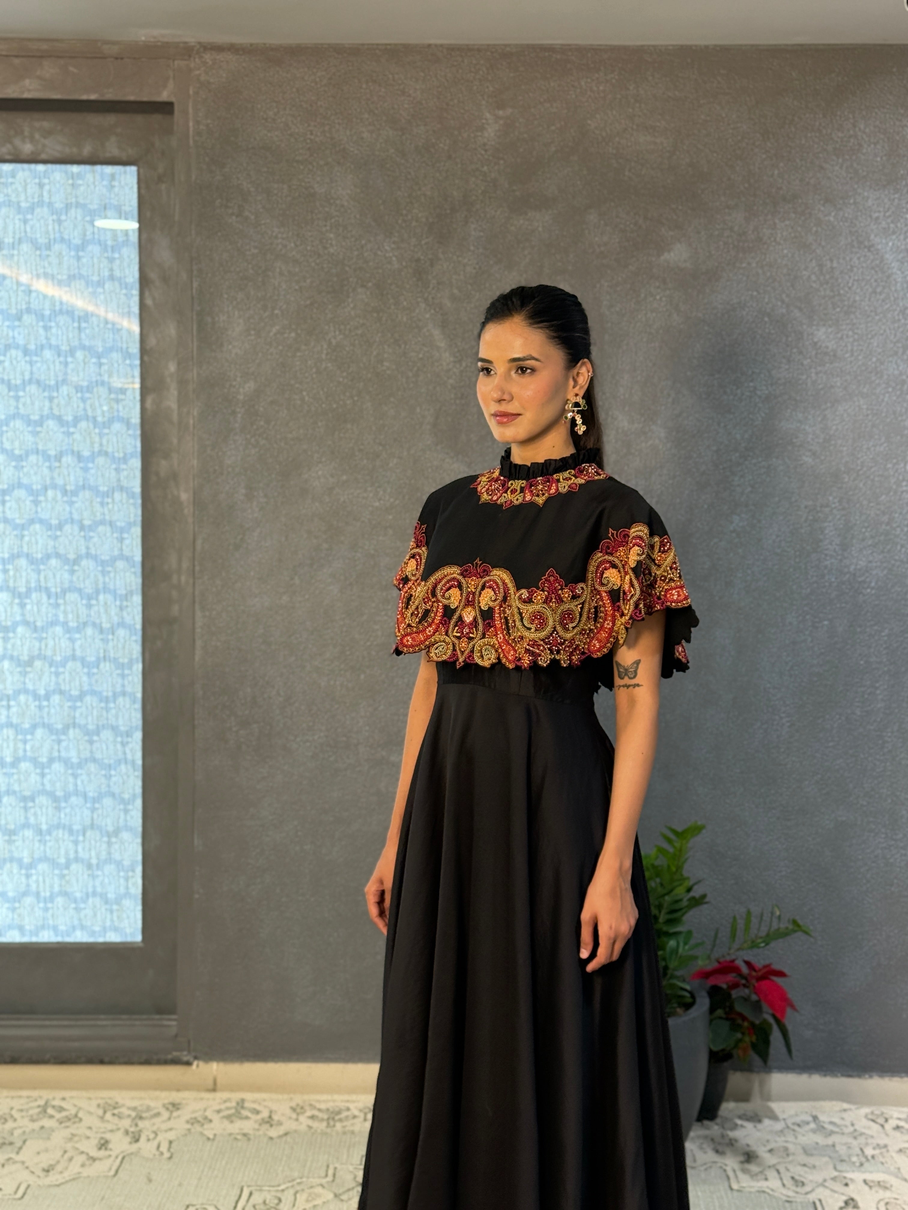 Elegant Black Chanderi Cape Flounce Dress with Intricate Threadwork & Beadwork
