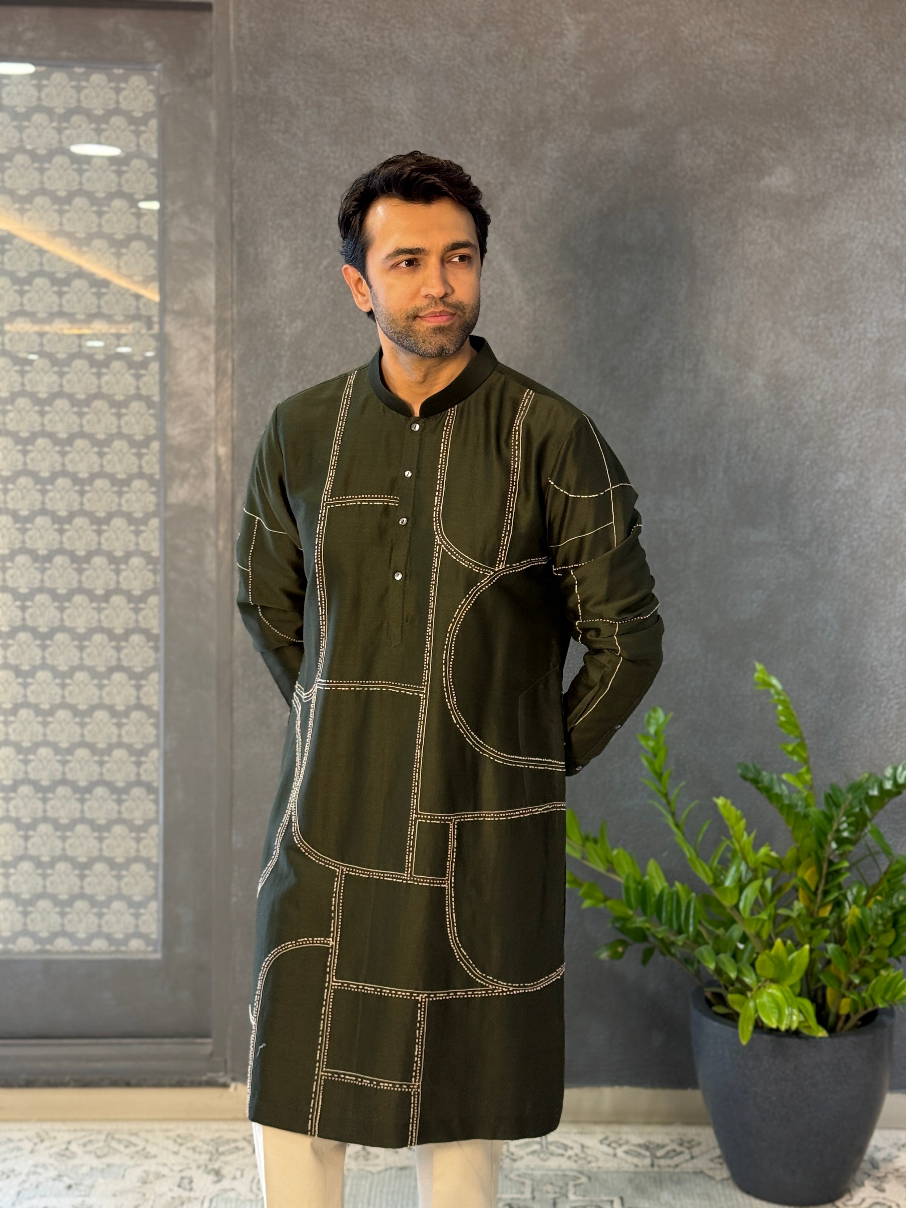 olive green Geometric Kurta Set