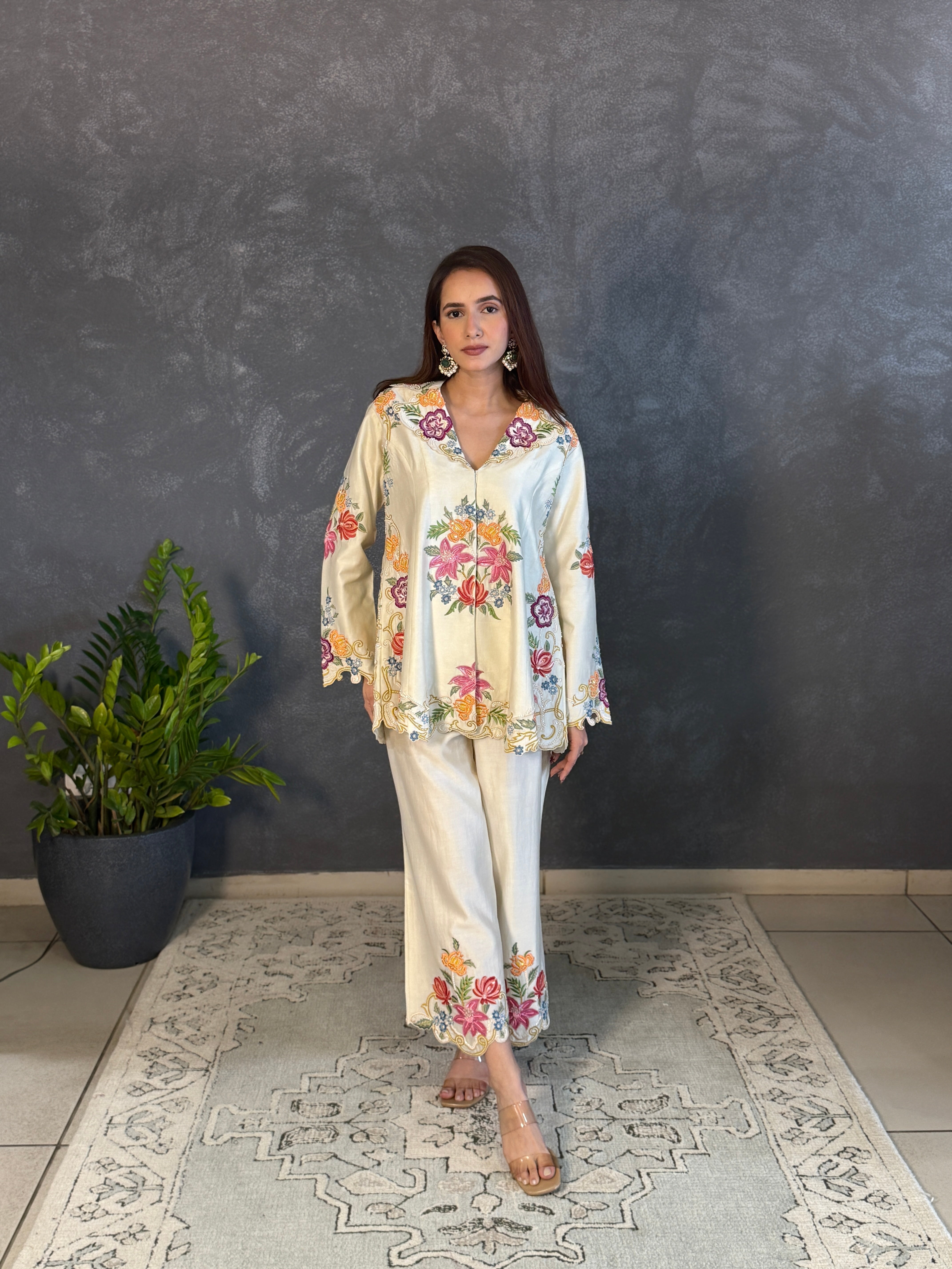 IVORY THREADWORK AND BEADWORK PANTS