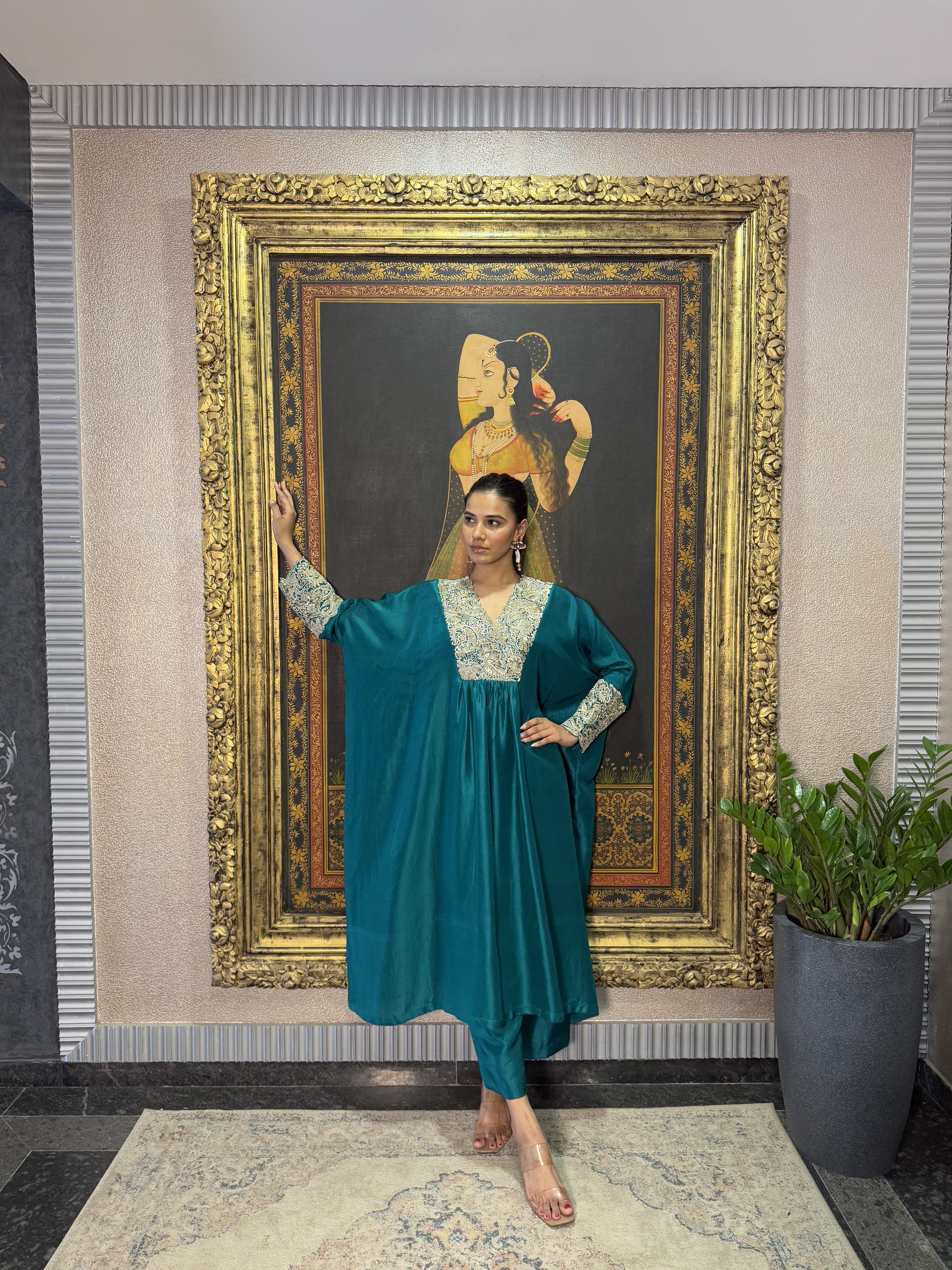Teal Silk Bead Hand Embroidered Kurta Set