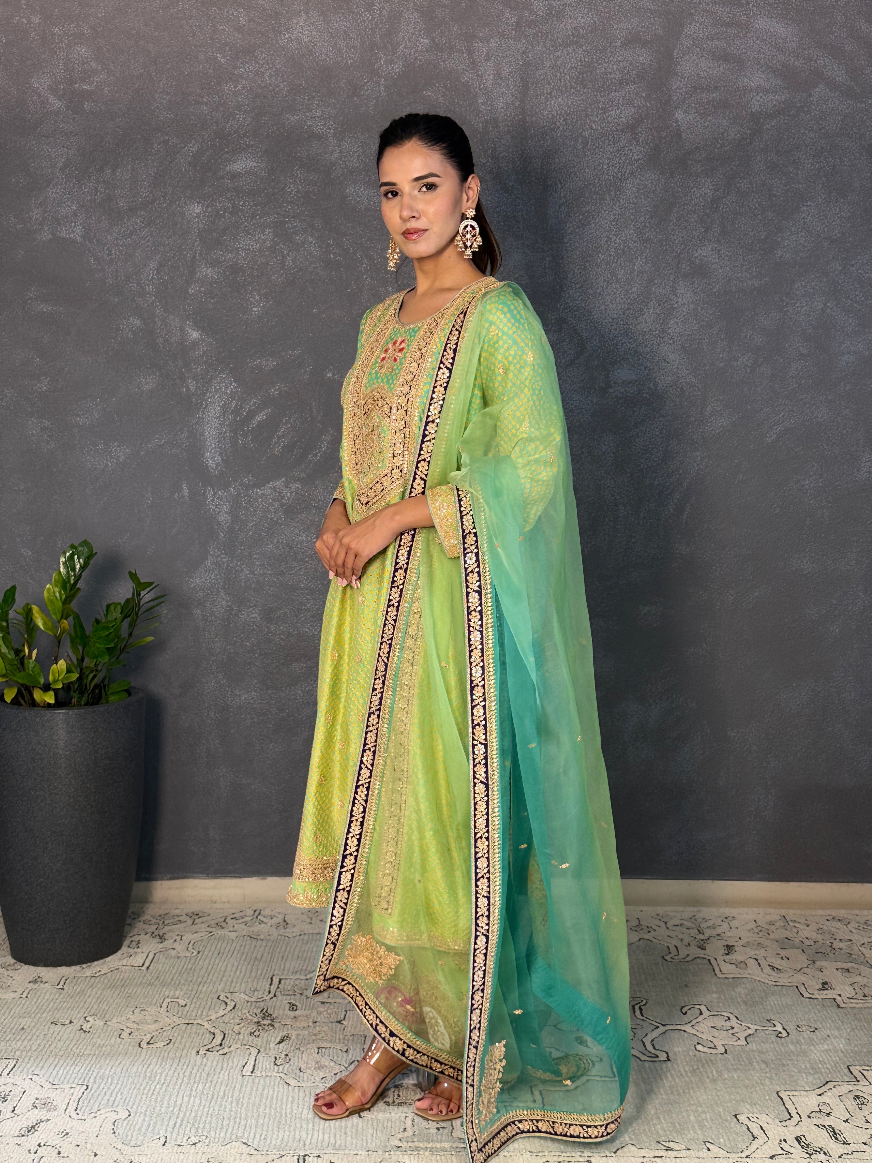 Green Ombre Bandhani Embroidered Kurta