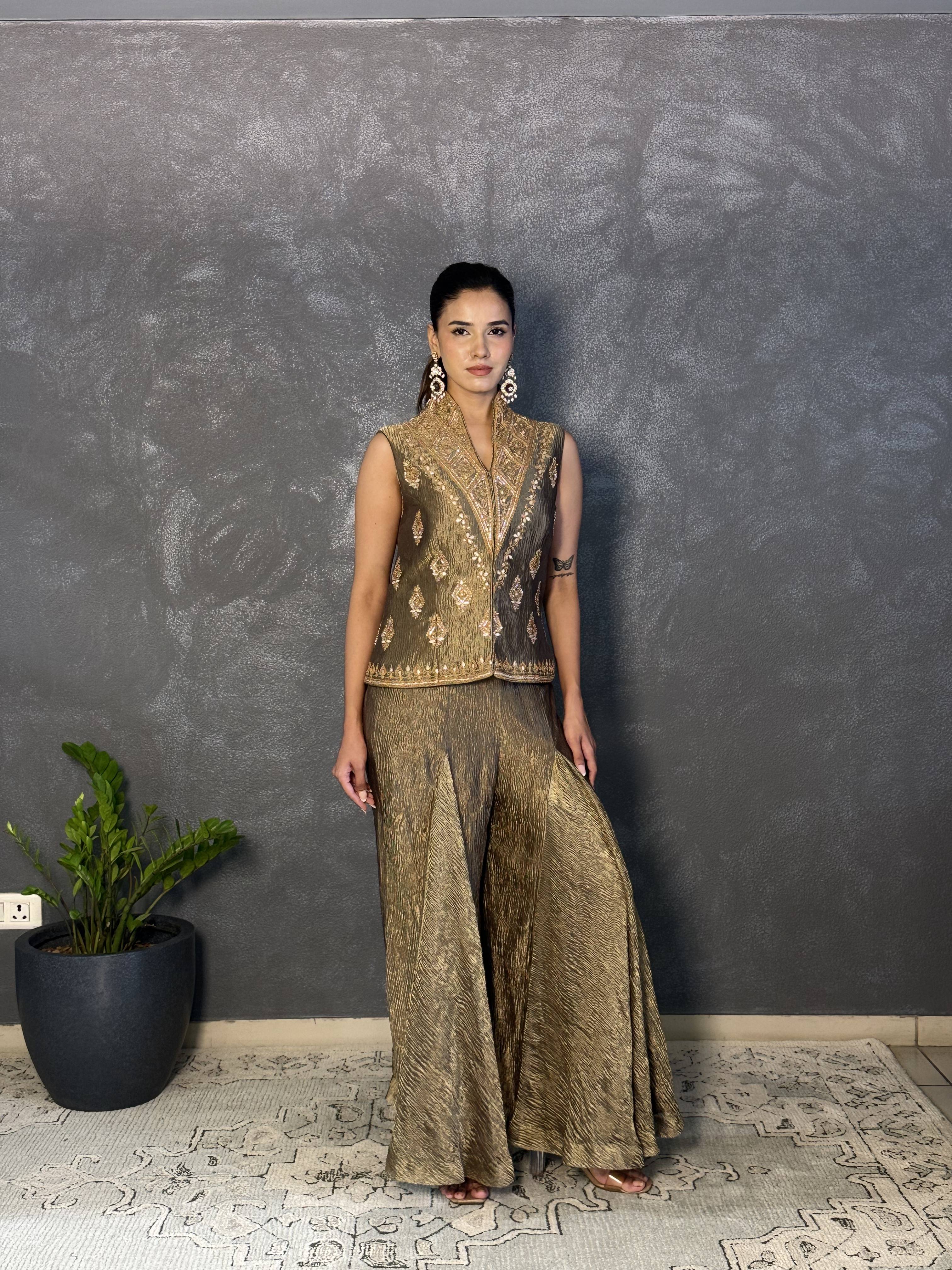 Golden Crushed Tissue Embroidered Co-Ord Set