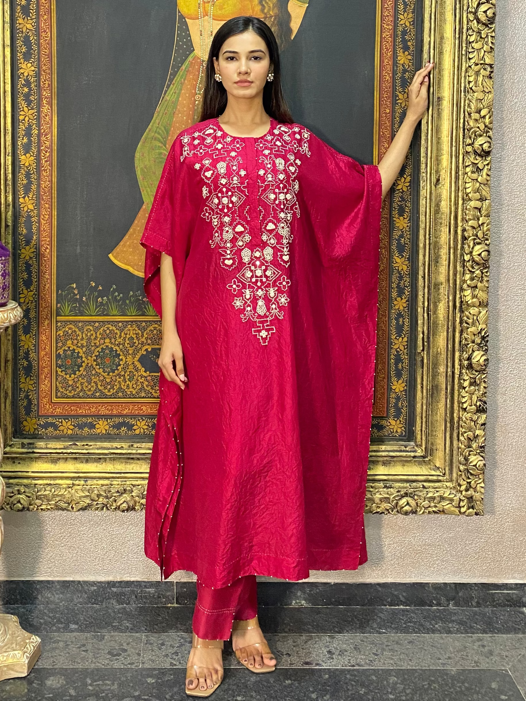 Red Mulberry Silk Mirror Embroidered Kaftan Set