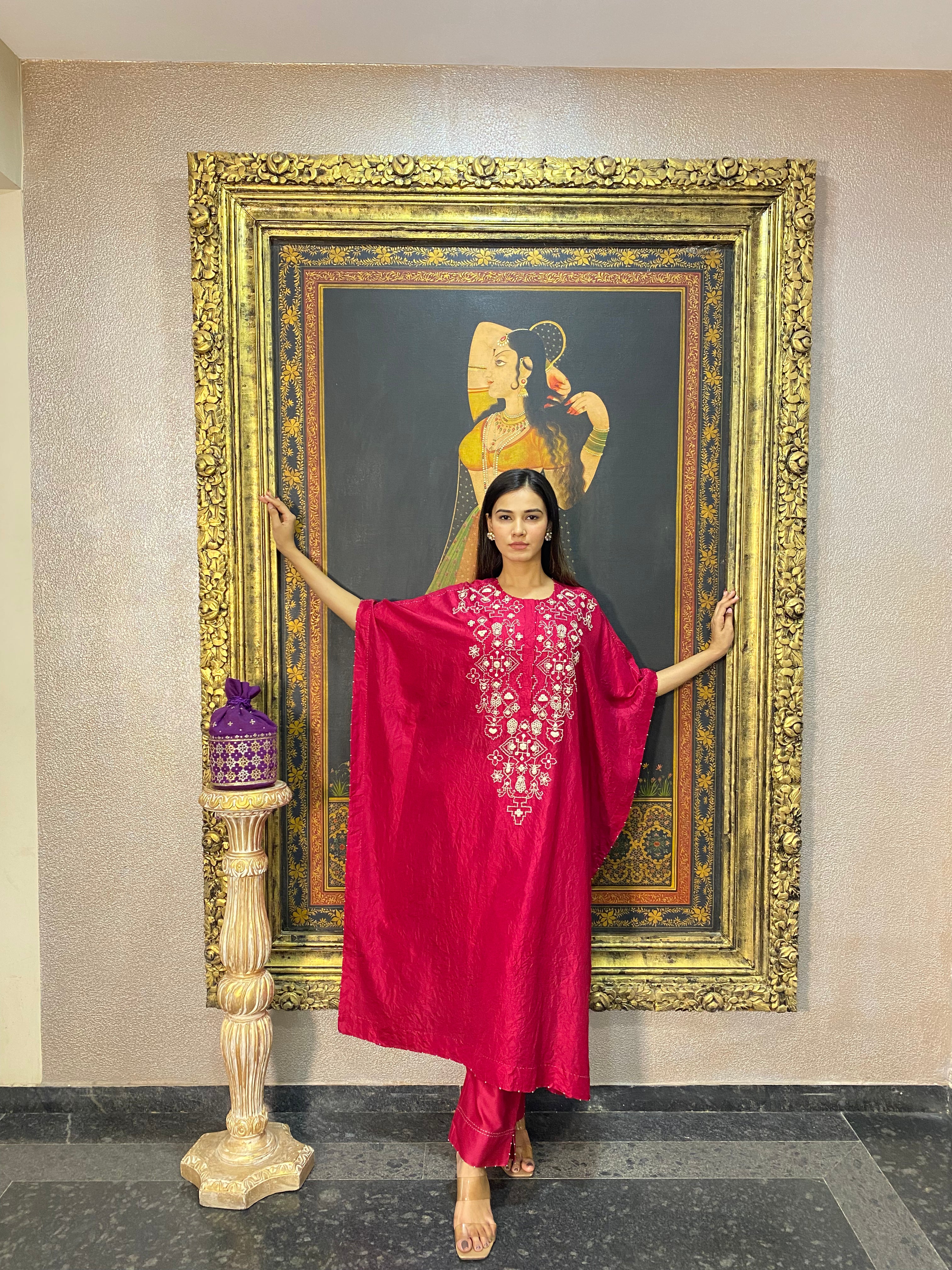 Red Mulberry Silk Mirror Embroidered Kaftan Set