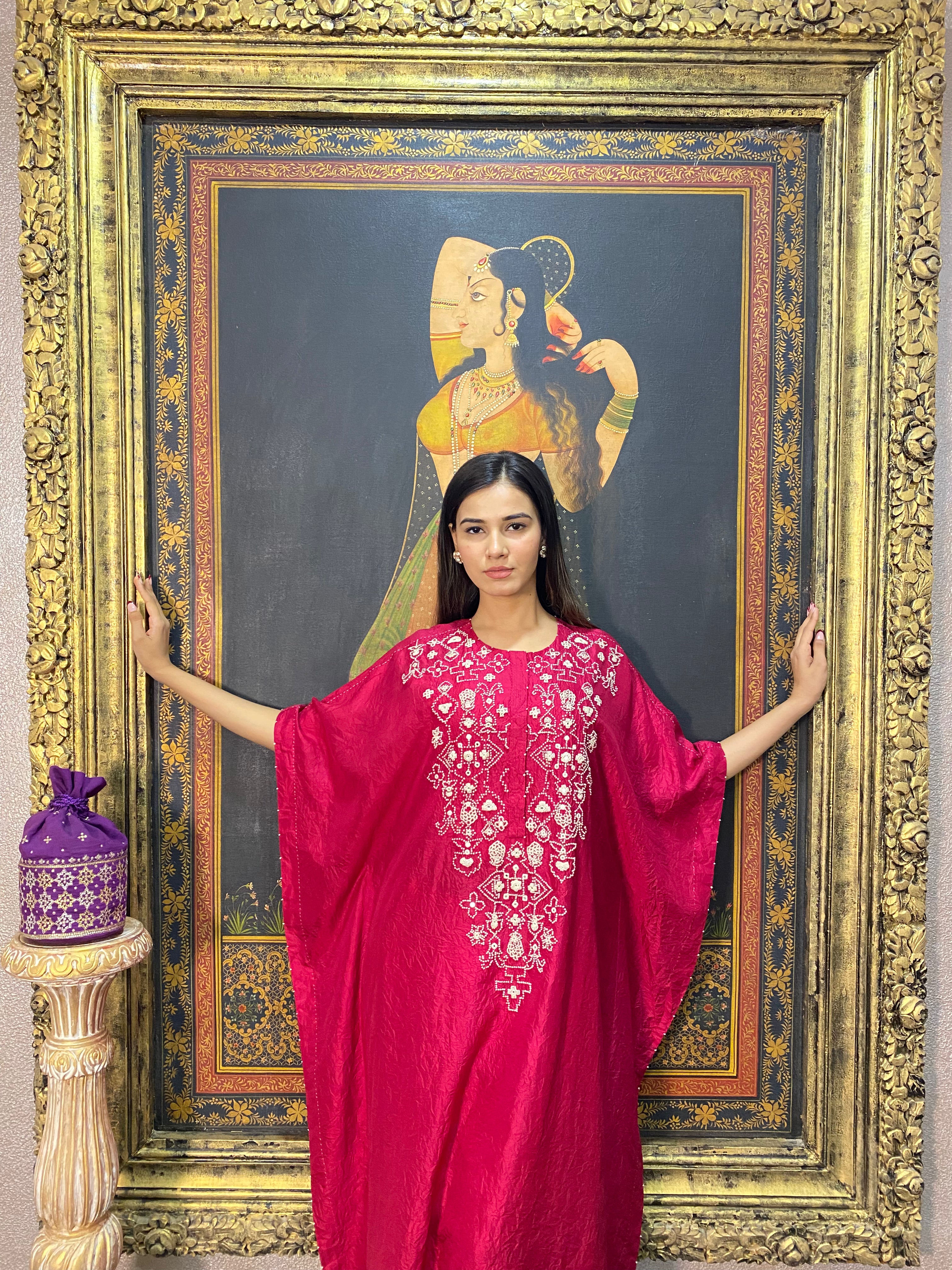 Red Mulberry Silk Mirror Embroidered Kaftan Set