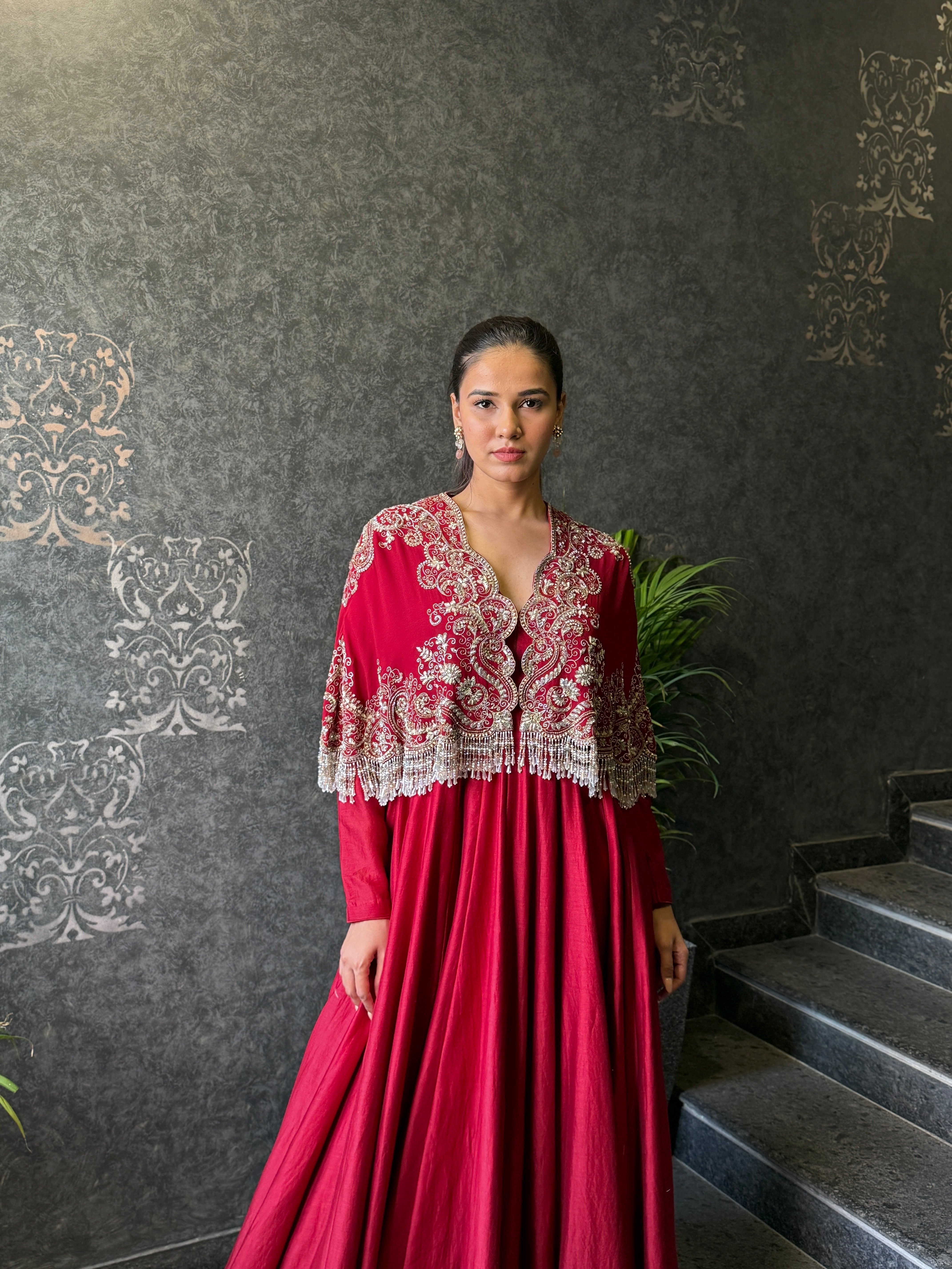 RED ANARKALI WITH CAPE