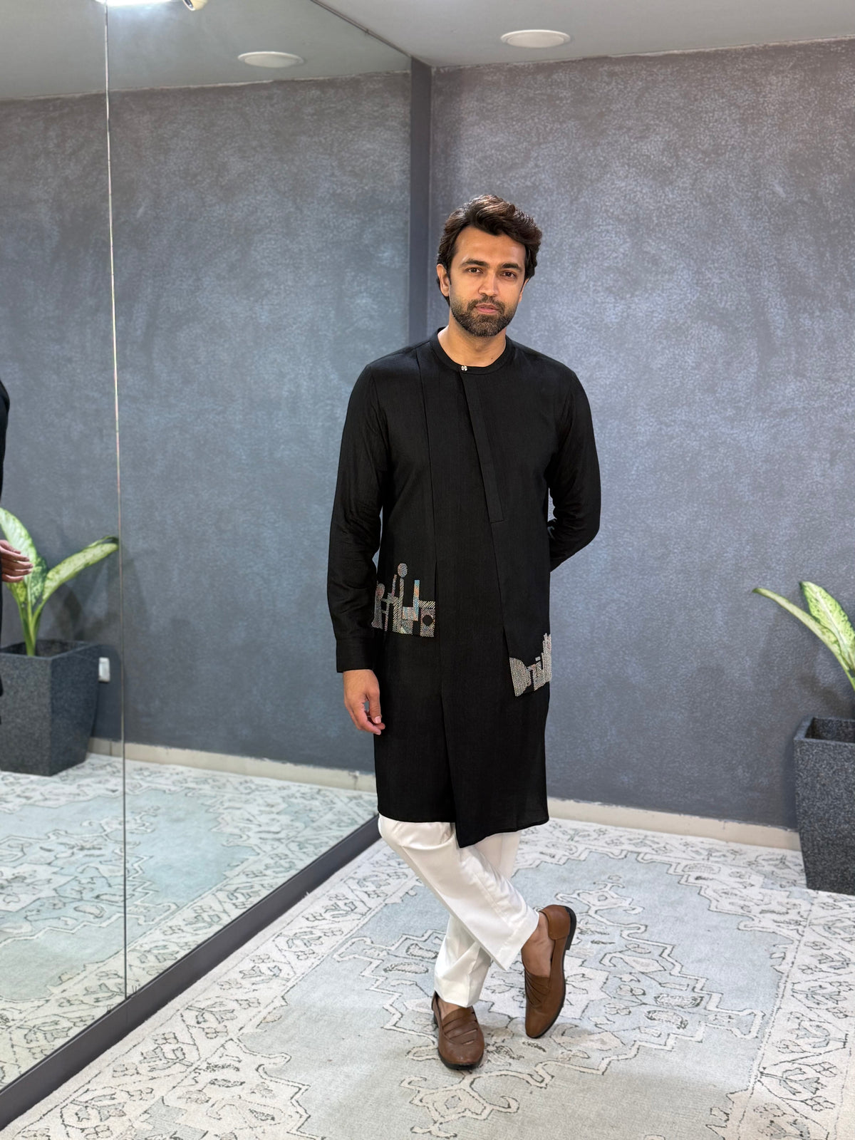 Black Motif Thread Embroidered Cotton Silk Embroidered Kurta Set
