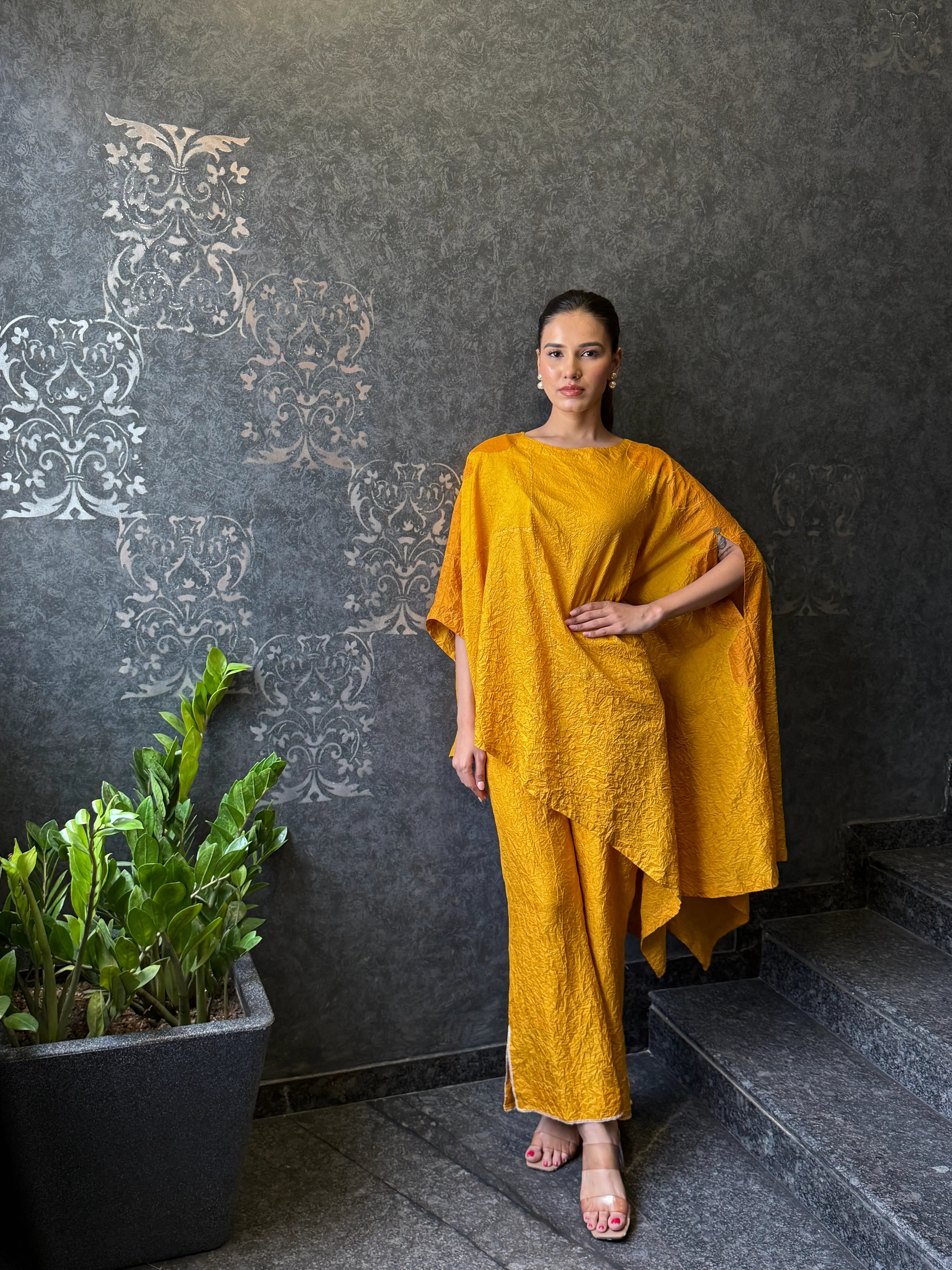 Yellow Embroidery Boat Neck Asymmetric Kurta And Pant Set
