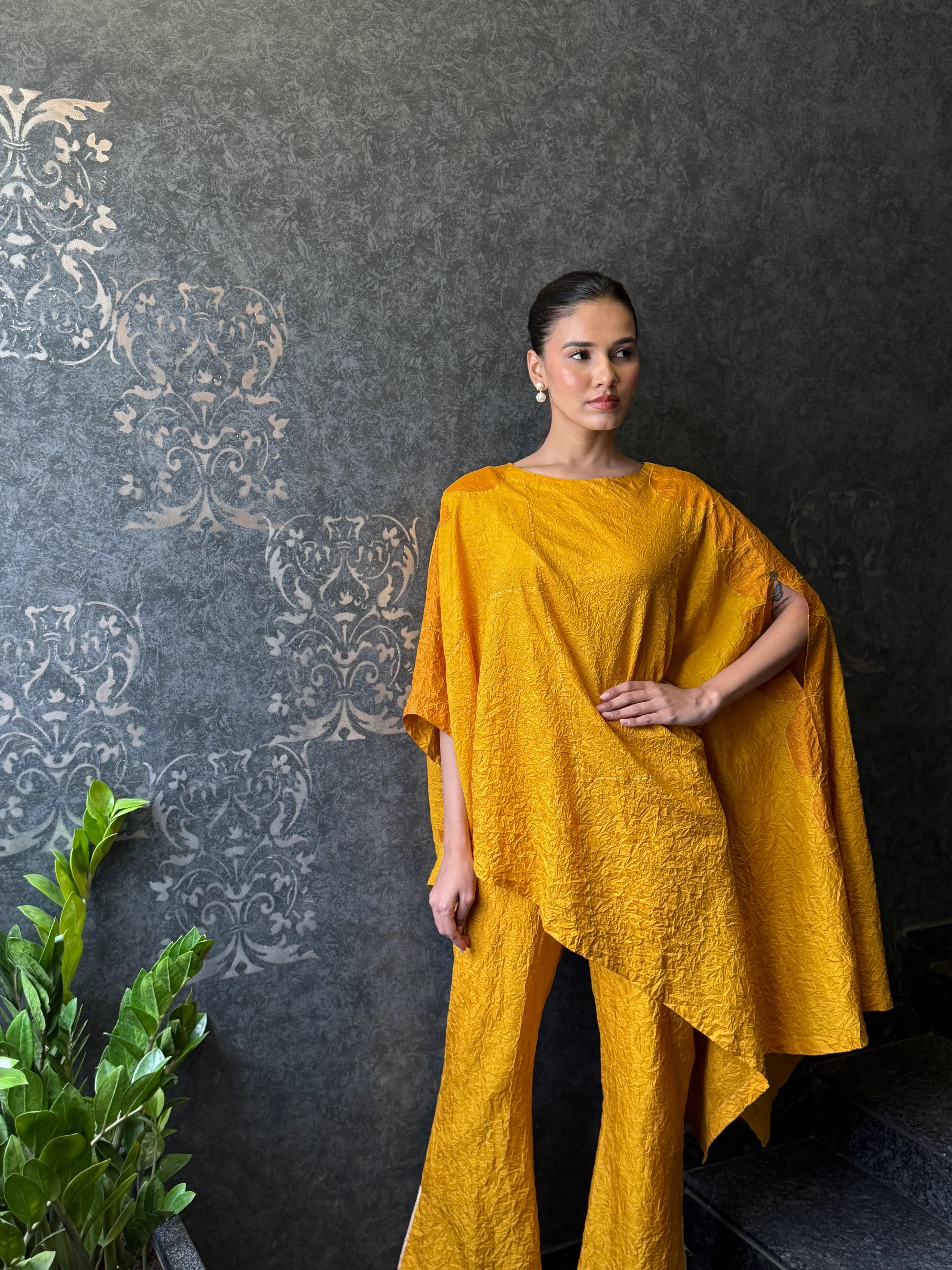 Yellow Embroidery Boat Neck Asymmetric Kurta And Pant Set