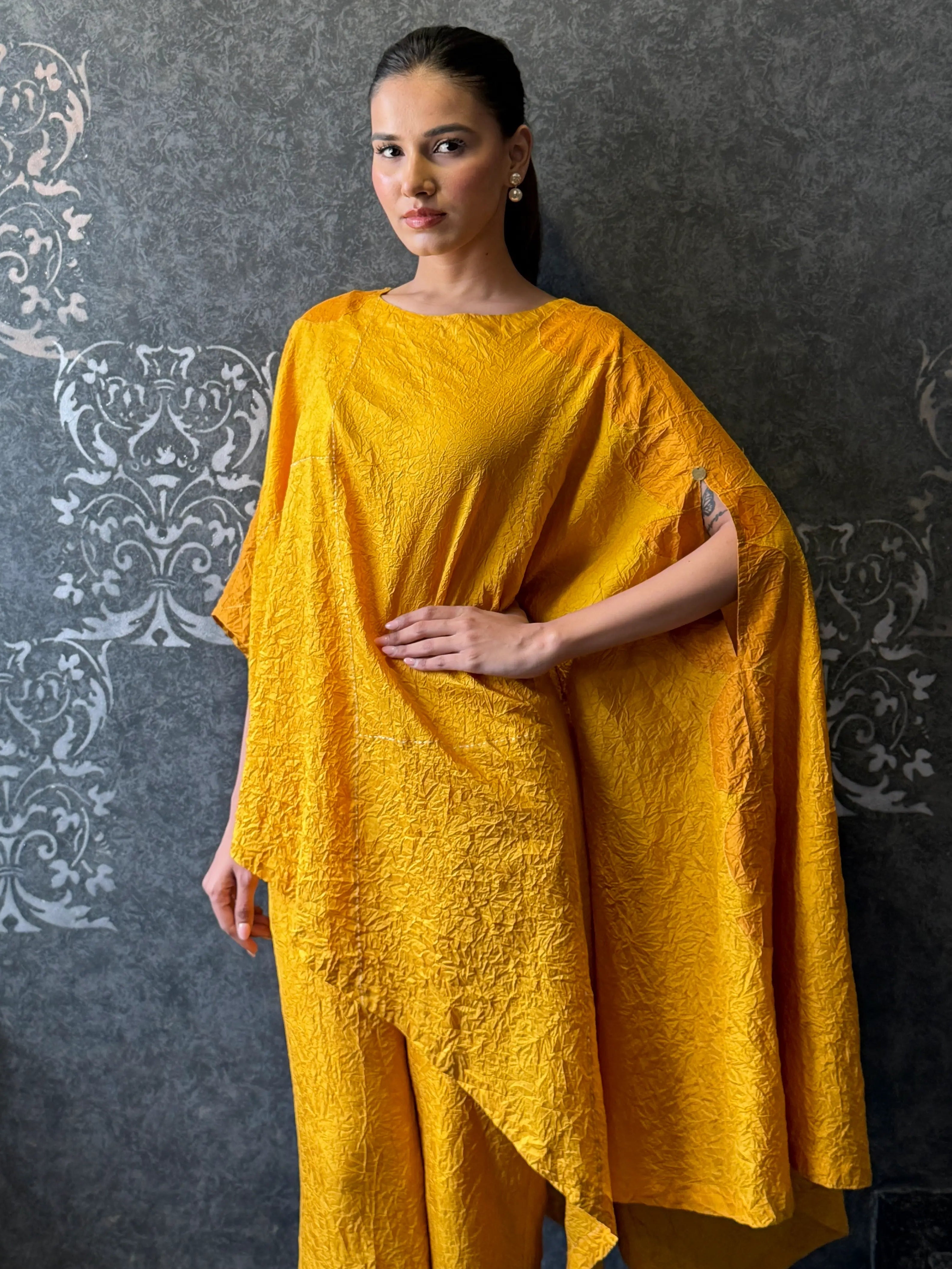 Yellow Embroidery Boat Neck Asymmetric Kurta And Pant Set