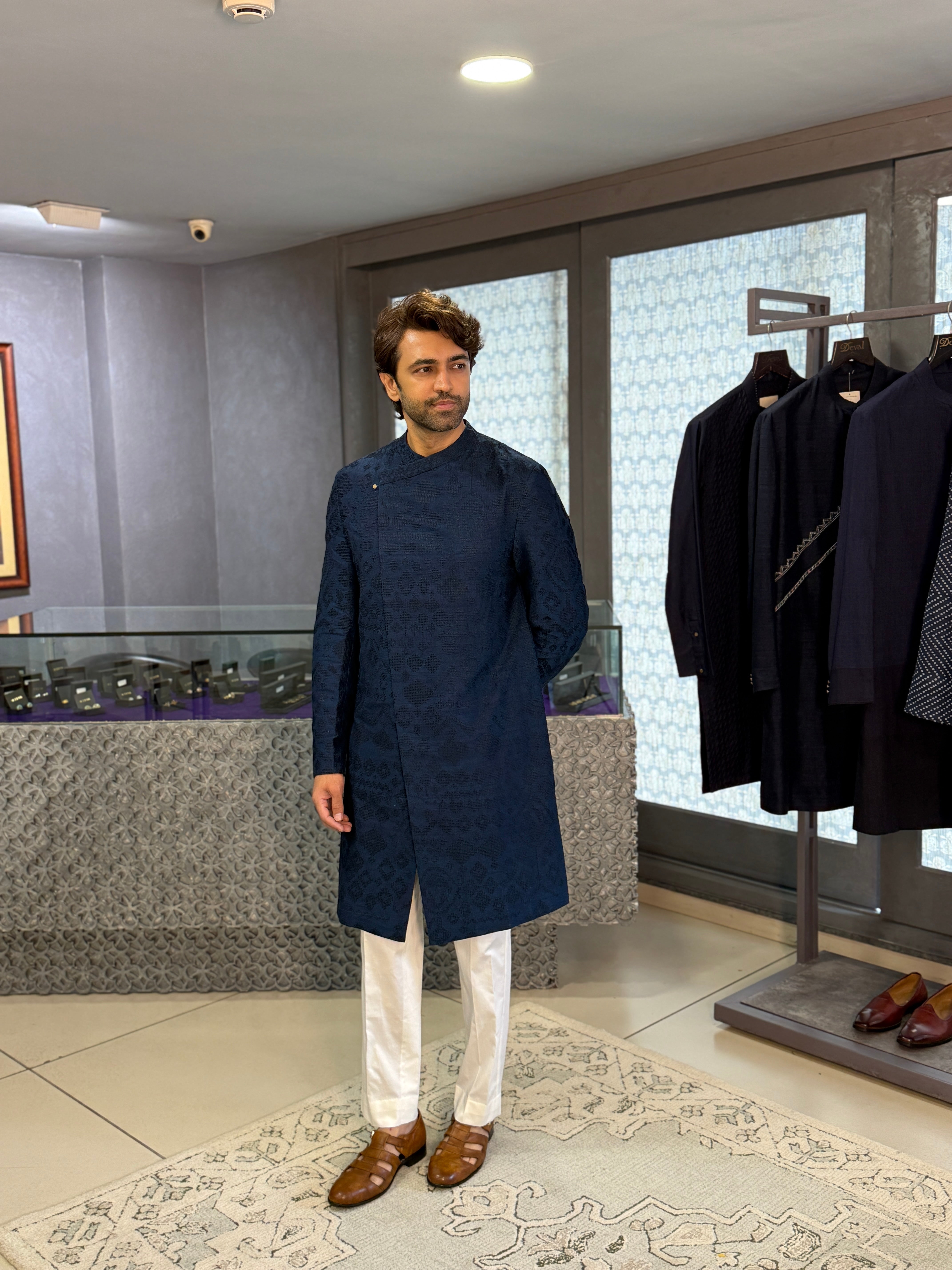 Blue Raw Silk & Stretch Overlap Kurta Set