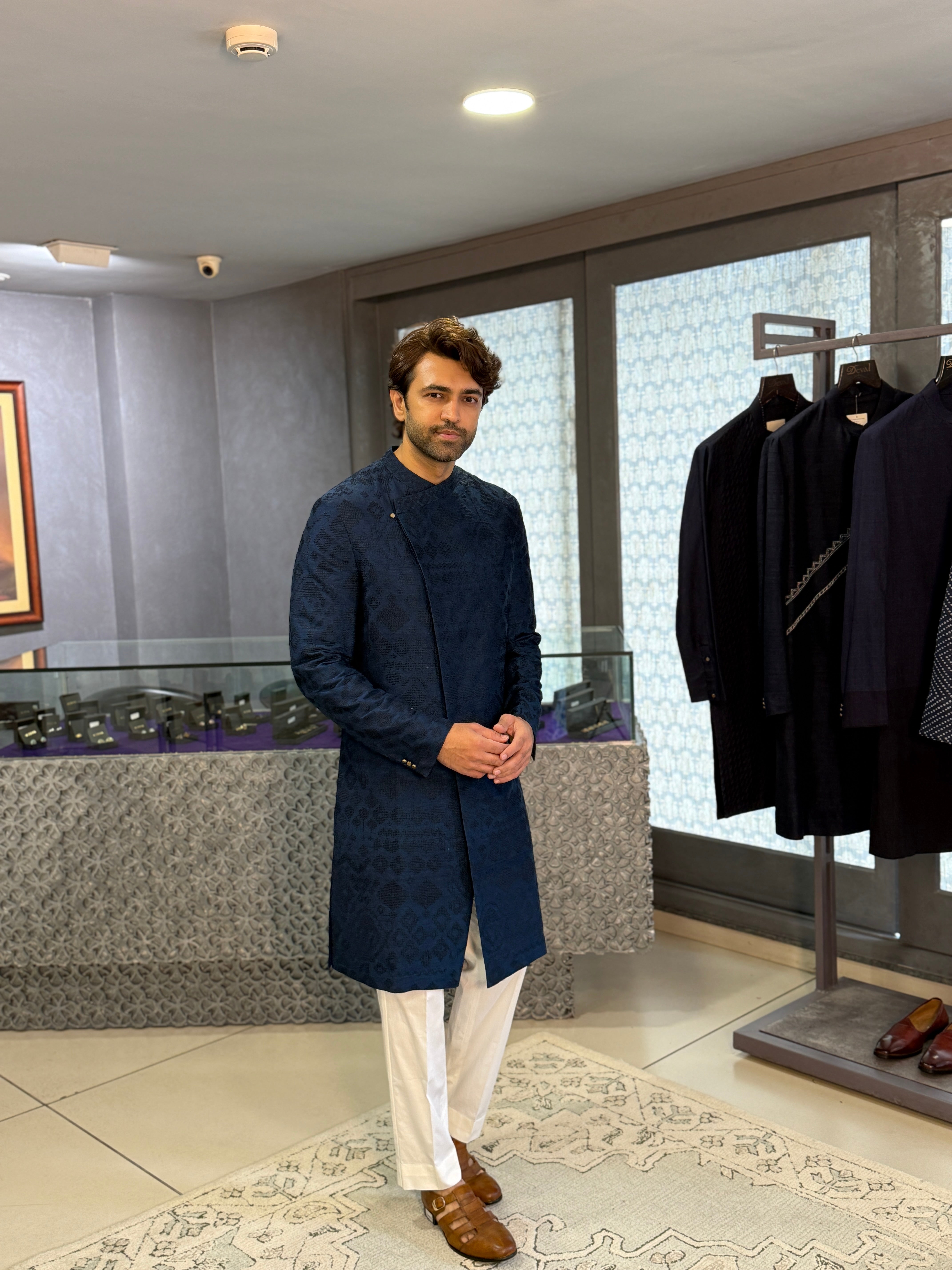 Blue Raw Silk & Stretch Overlap Kurta Set