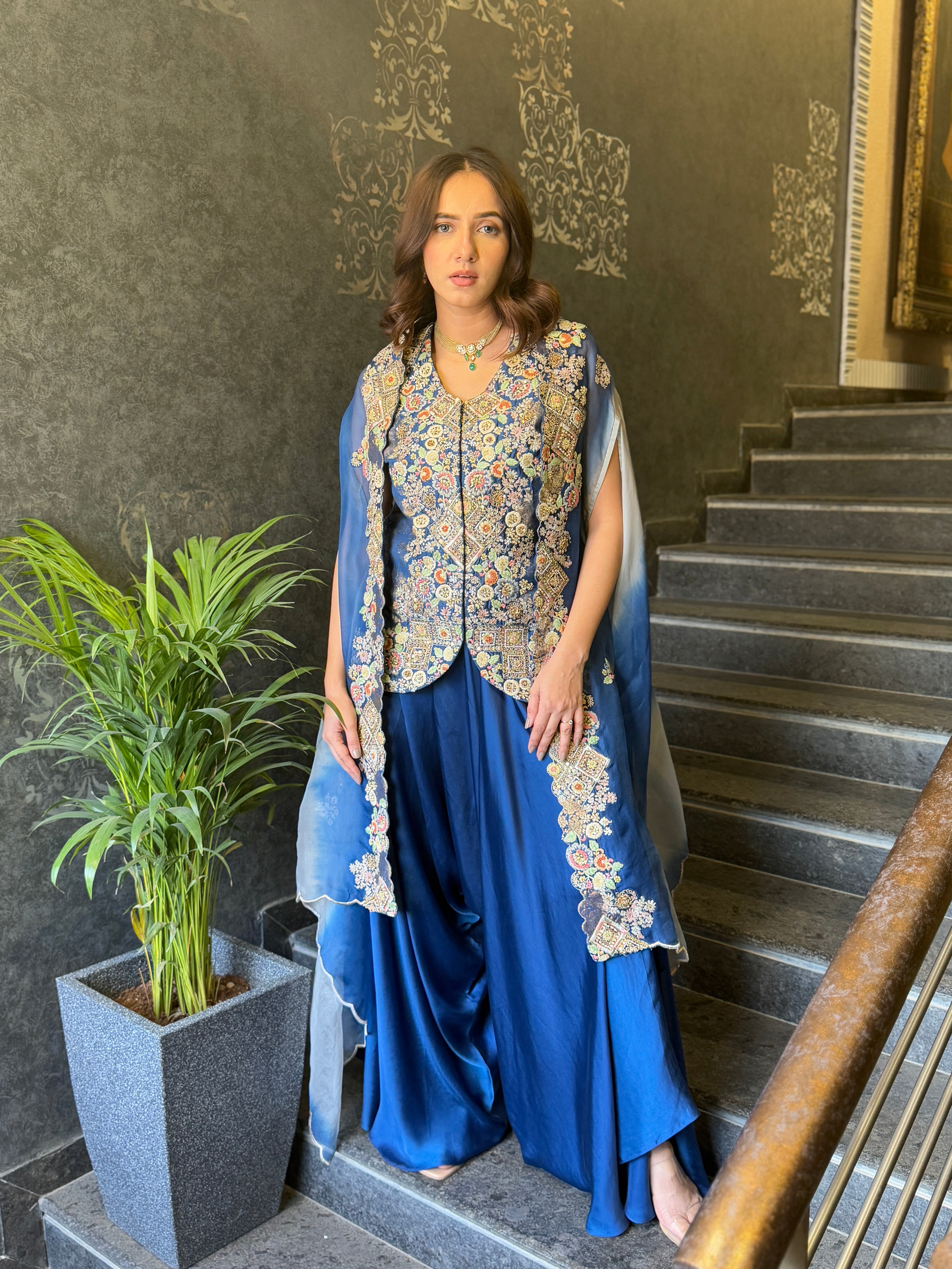 CAPE WITH SHORT JACKETS AND DHOTI PANTS