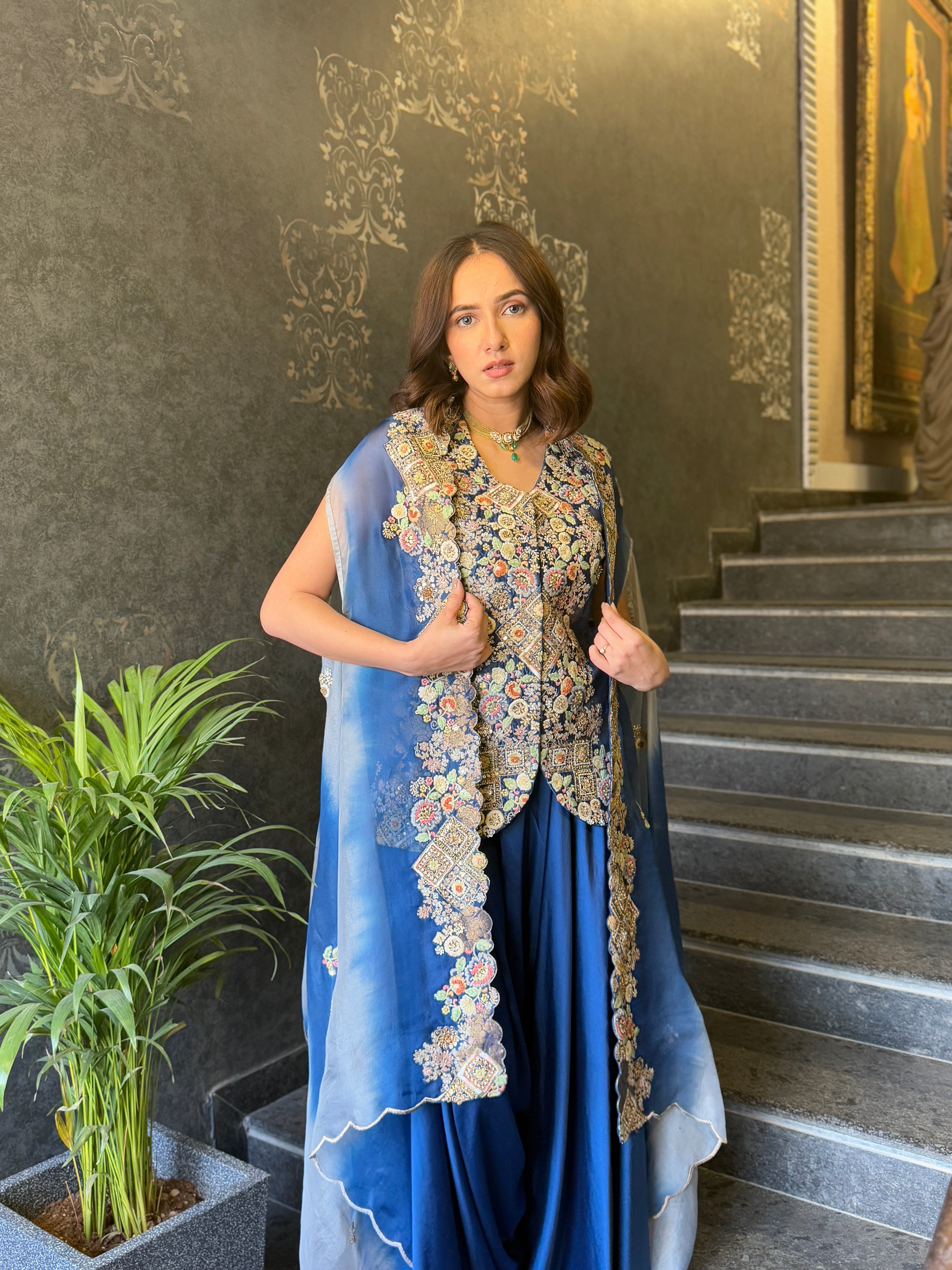 CAPE WITH SHORT JACKETS AND DHOTI PANTS