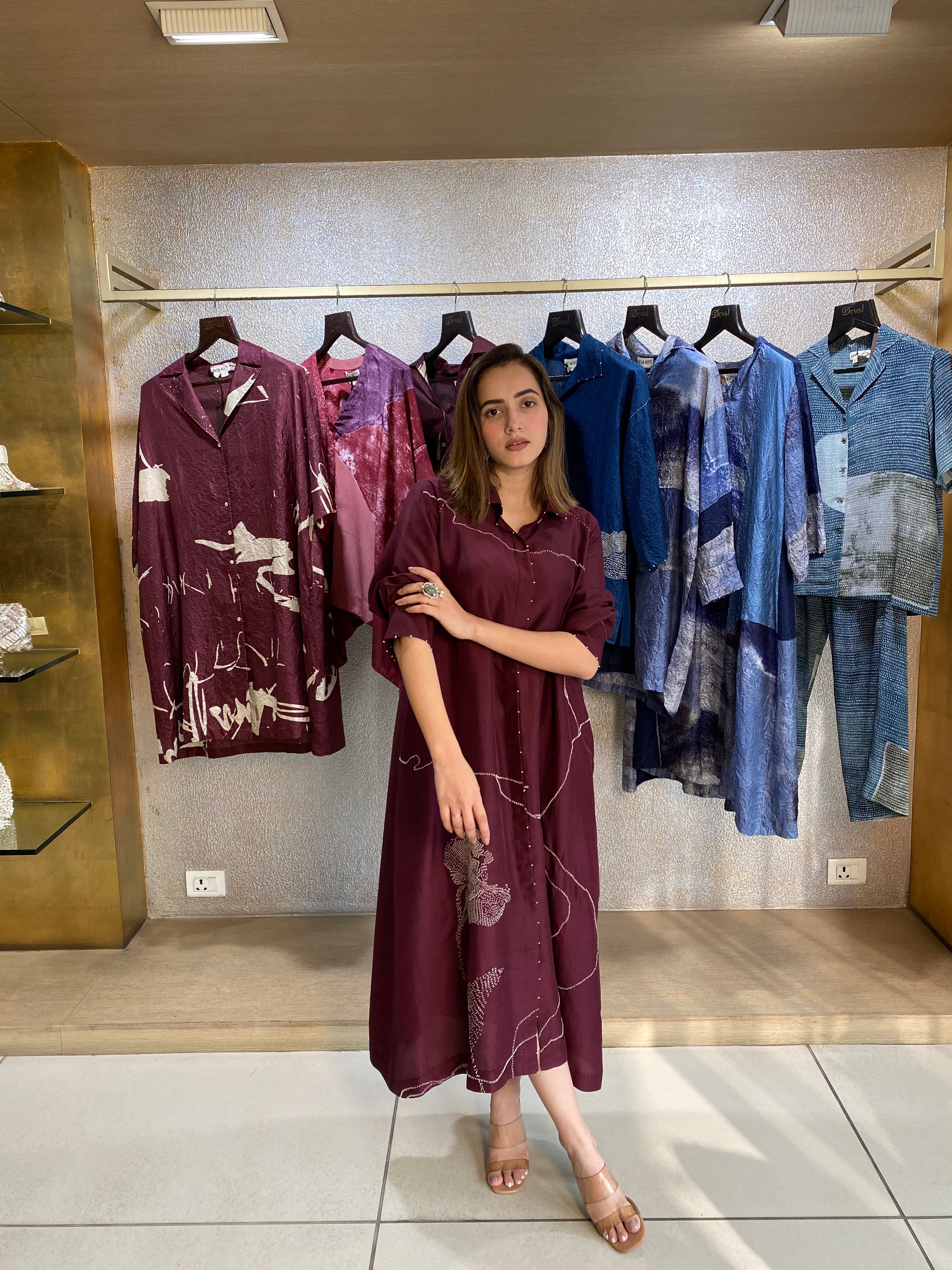 Claret Dupion Silk Embroidered Midi Dress