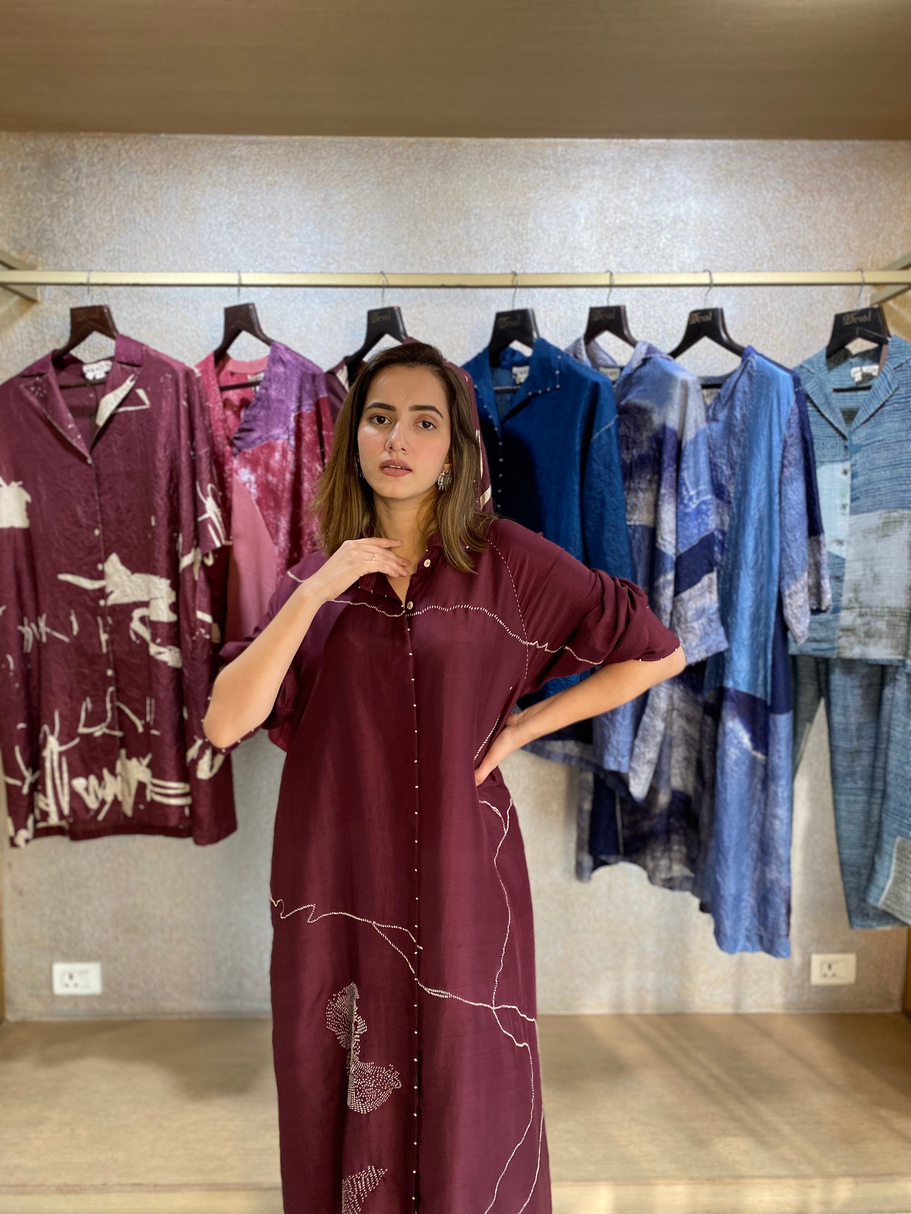 Claret Dupion Silk Embroidered Midi Dress