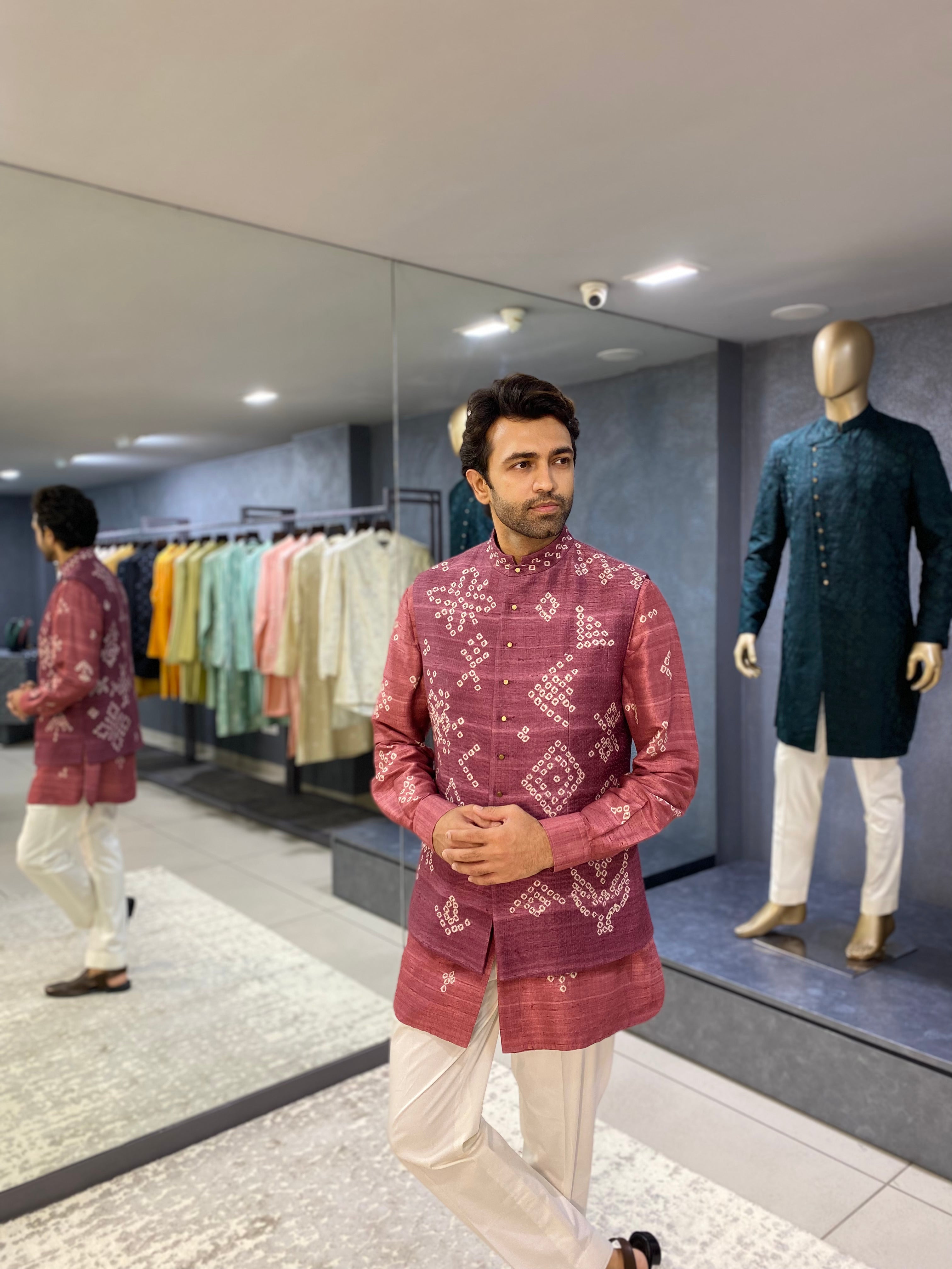 Sadri Printed Bandhani - Onion Pink Nehru Set