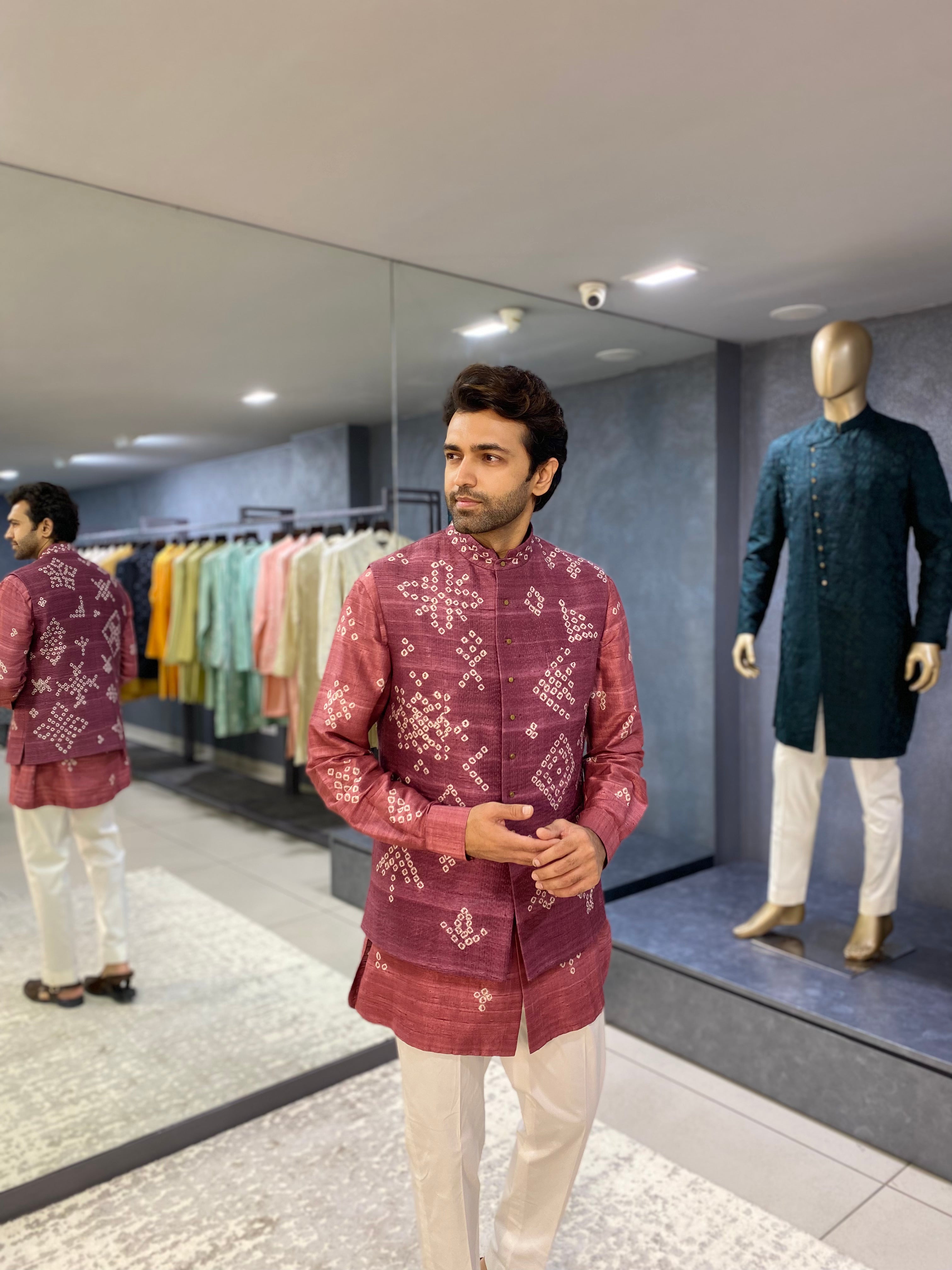 Sadri Printed Bandhani - Onion Pink Nehru Set