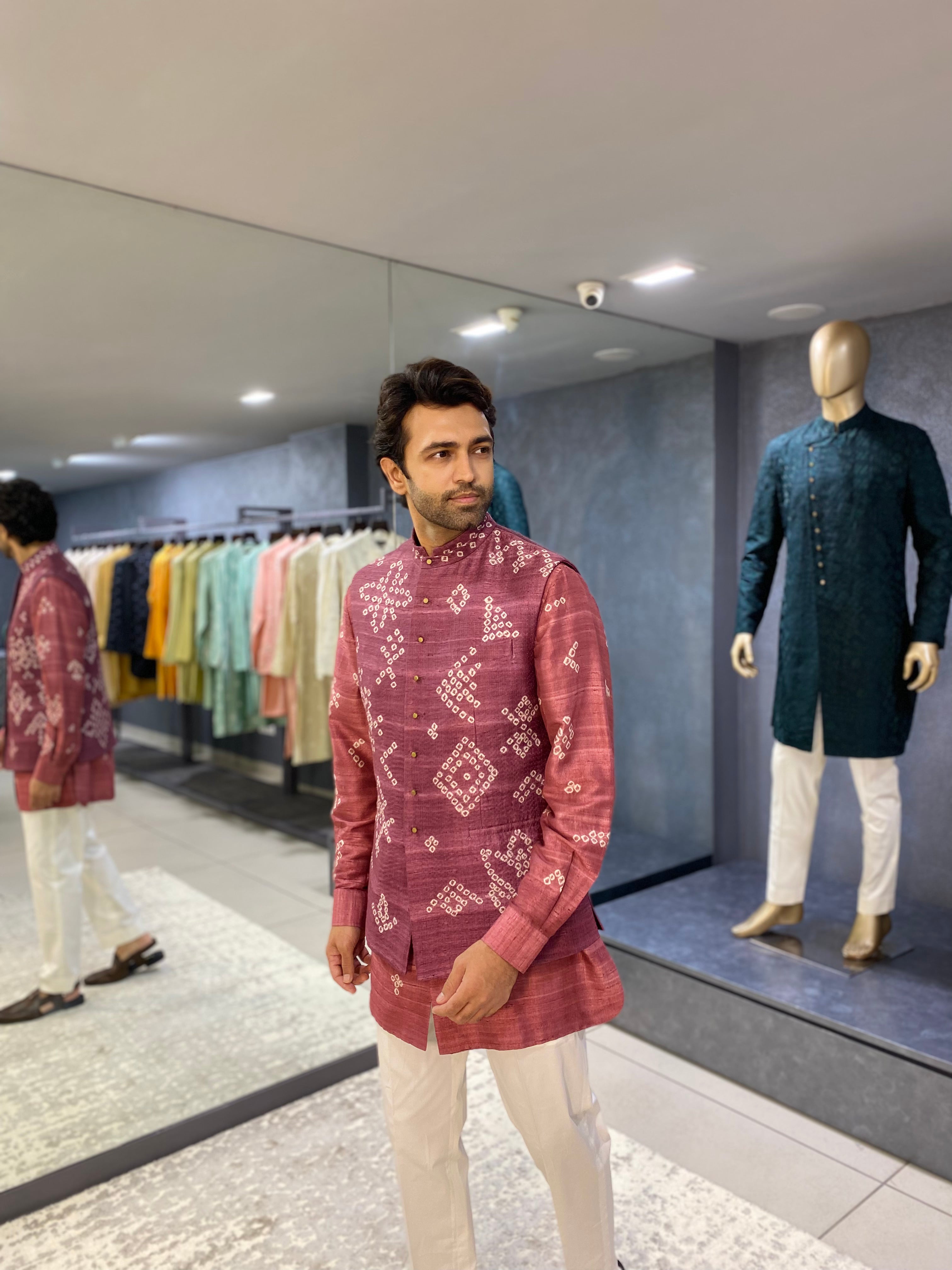 Sadri Printed Bandhani - Onion Pink Nehru Set